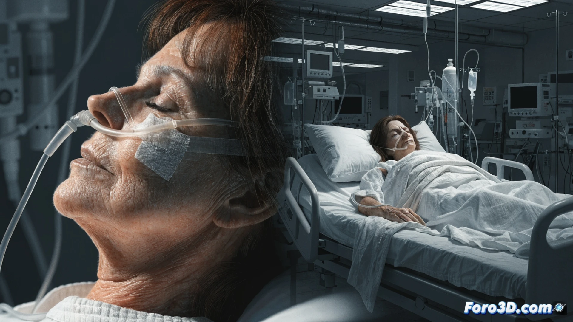 Bonnie Tyler post-surgery recovery scene, hospital intensive care unit, medical monitors displaying vital signs with glowing waveforms, nurse adjusting IV drip while checking ventilator settings, surgical bandages visible on patient's neck, empty concert stage visible through window reflection with cancelled dates on digital marquee, cinematic medical visualization, sterile white environment, blue surgical lighting, realistic anatomical detail, dramatic shadows from medical equipment, photorealistic technical render