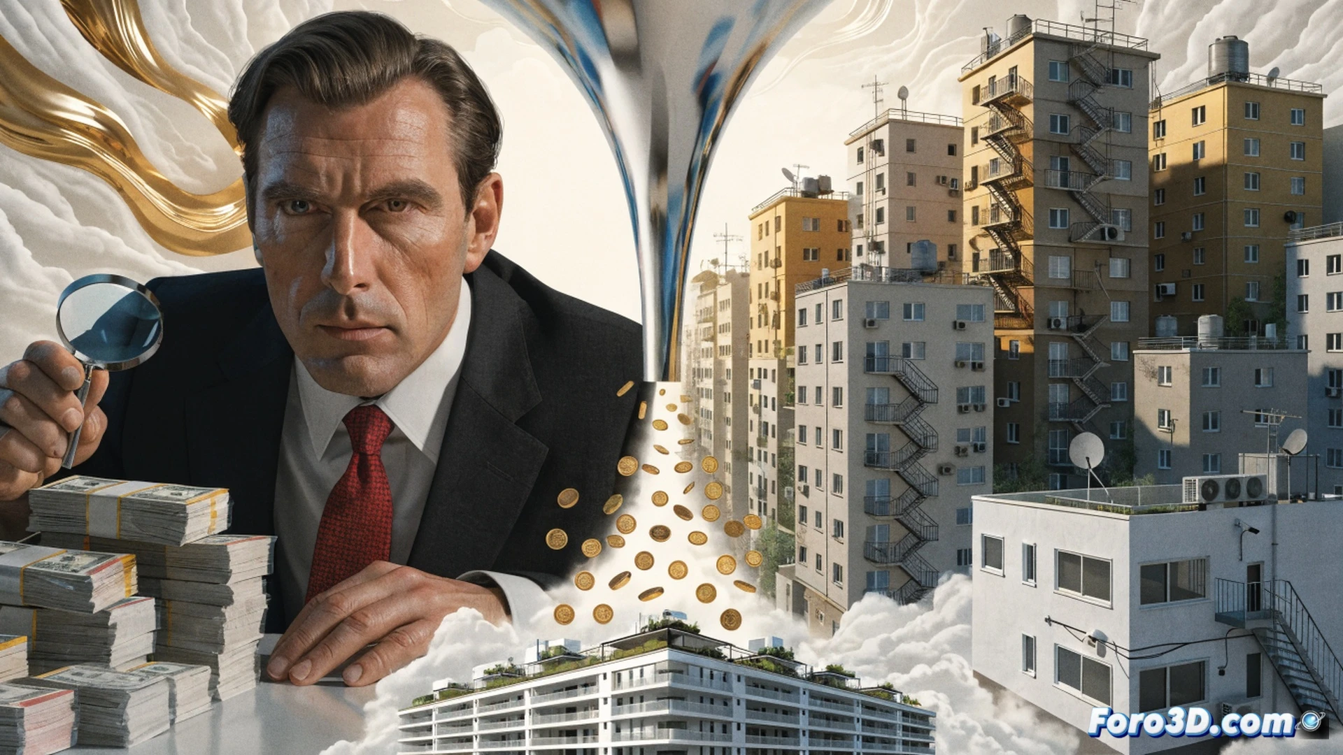 sunset urban skyline, three construction cranes lifting oversized golden coins towards apartment buildings, while a wrecking ball labeled speculation swings into a row of affordable homes, dust rising, a city council table in foreground with blueprints for public housing and tax documents, photorealistic architectural visualization, cinematic dusk lighting, deep shadows, warm amber and cool steel tones, hyperdetailed textures of concrete and glass, dramatic contrast between wealth and decay, technical illustration style