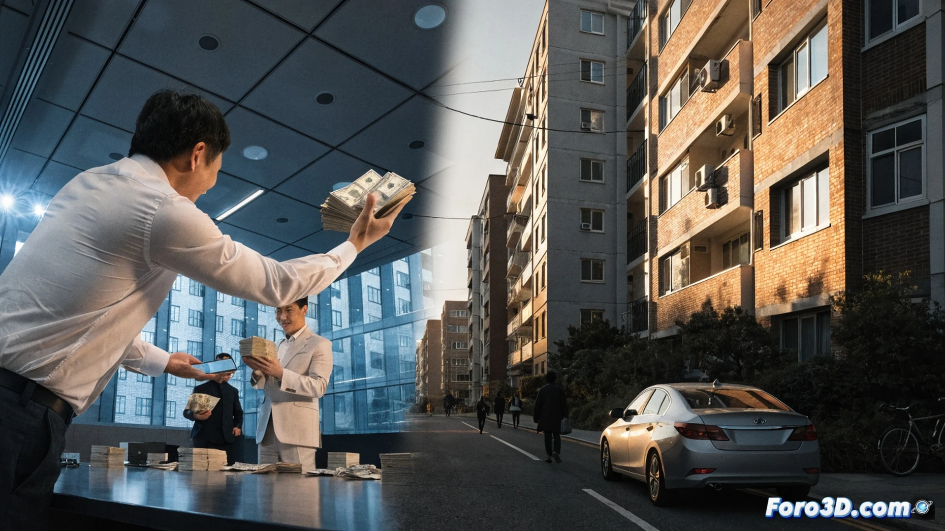 Photorealistic cinematic scene showing a luxury high-rise apartment complex under construction near a semiconductor factory, a glowing blue crane lifting a steel beam labeled with a stock chart arrow pointing upward, construction workers in hard hats looking up at rising scaffolding while a real estate agent in a suit holds a tablet displaying a red price spike graph, foreground showing a chain-link fence with a for sale sign partially covered by a price increase sticker, dramatic sunset lighting, dust particles in air, ultra-detailed industrial background with Samsung and SK hynix facility silhouettes, technical illustration style, hyperrealistic textures, architectural visualization