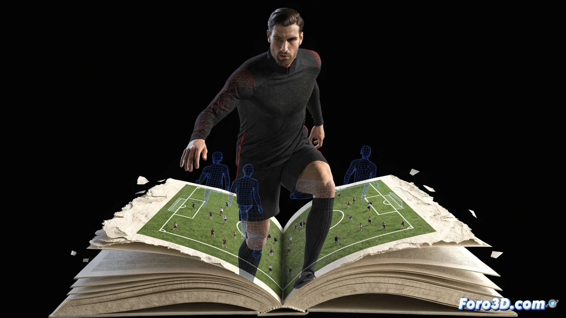Leonardo Bonucci en acción defensiva, estadio lleno desenfocado al fondo, cuerpo girado y pierna extendida para interceptar un pase rival, líneas de predicción de movimiento trazadas como haces de datos digitales brillantes desde sus ojos hasta la trayectoria del balón, fondo con diagrama táctico semitransparente mostrando posicionamiento de jugadores y rutas de pase, estilo cinematográfico técnico, iluminación dramática de alto contraste, textura de piel realista con sudor, render fotorrealista, composición dinámica de ángulo bajo