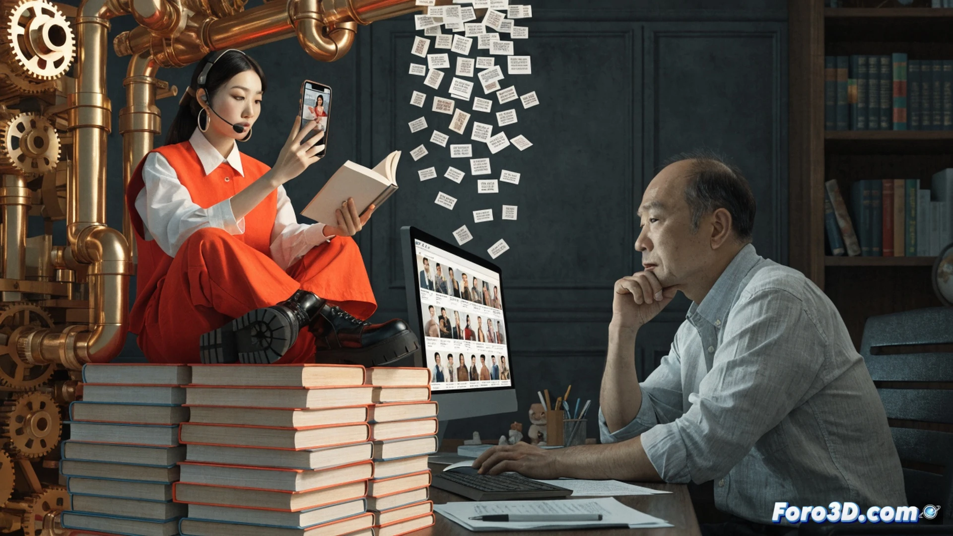 A Chinese bookfluencer in a minimalist studio, rapidly stacking 700 identical books into a towering unstable column while typing on a glowing smartphone, Douyin interface reflected in glasses, shelves of repetitive book spines behind, editorial payment charts on a tablet showing thirty percent commission, algorithm data streams floating like digital chains around the figure, cinematic photorealistic style, dramatic overhead spotlight casting long shadows, motion blur on stacking hands, books with blank covers, technical illustration with data visualization elements, ultra-detailed textures of paper and plastic phone case