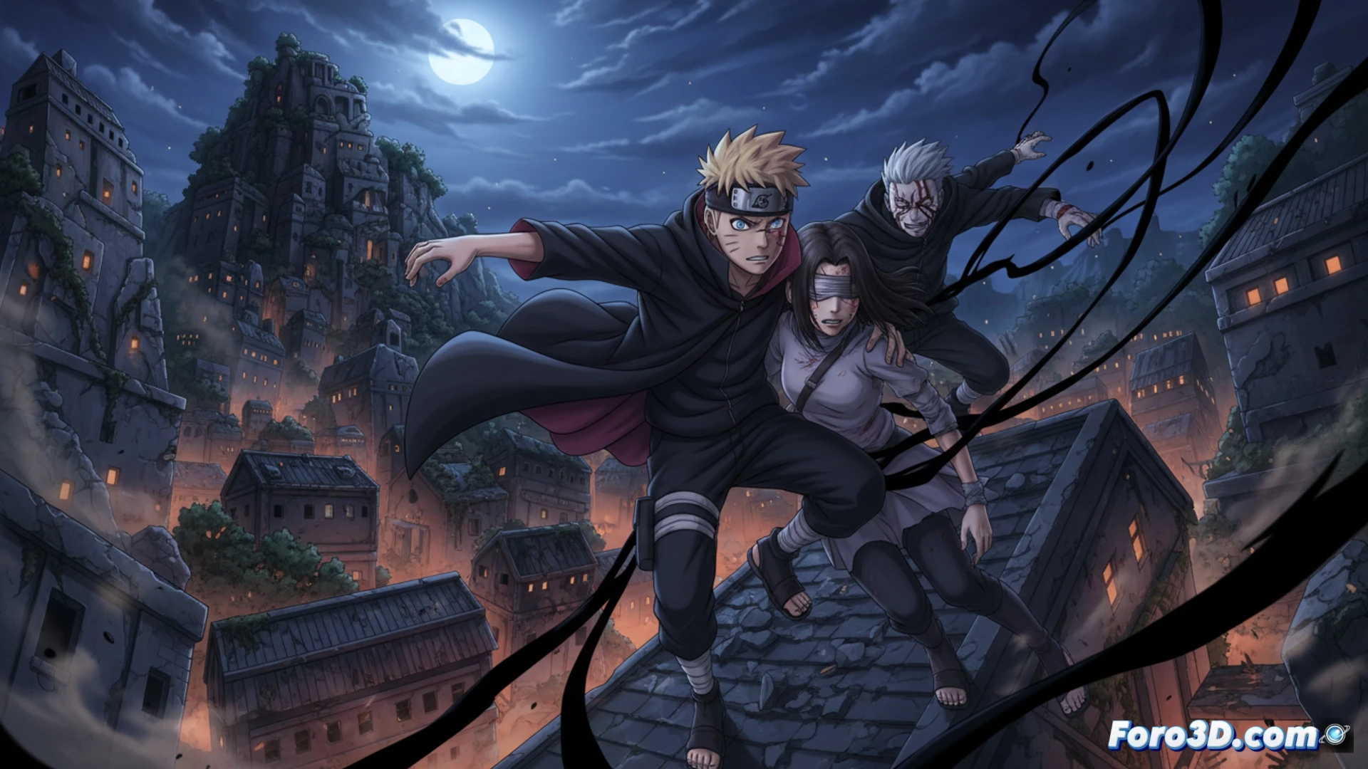 young ninja in dark cloak running through rain-soaked forest at night, rescuing a blindfolded female ninja with Sharingan marks, enemy figure with claw marks and red eyes lurking in shadows, dramatic action pose with kunai and lightning chakra sparks, cinematic manga-style illustration, dynamic motion blur on wet leaves, glowing blue and red chakra trails, ultra-detailed anime character designs, stormy sky with lightning bolts, high-contrast dramatic lighting, photorealistic digital painting, intense rescue scene showing inverted parallel to classic ninja retrieval arc