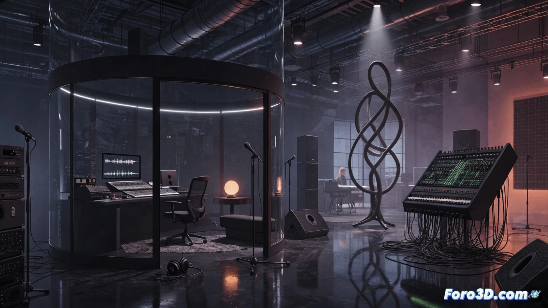 Bose logo morphing into a vinyl record inside a recording studio control room, sound engineer adjusting mixing console faders while a holographic legal document floats above with copyright symbols dissolving into musical notes, studio monitors displaying waveform patterns, microphone arrays and acoustic panels on walls, cinematic photorealistic illustration, dramatic blue and gold lighting, smoke haze atmosphere, digital interface overlays showing licensing terms fading away, ultra-detailed audio equipment, engineering visualization style