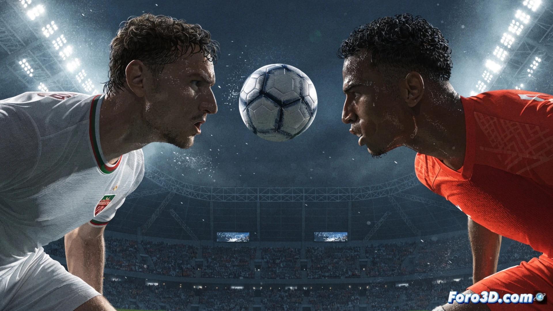 two football players mid-action, one in Bosnia jersey sliding tackle, one in Qatar jersey attempting a desperate shot, stadium floodlights casting dramatic shadows, grass blades flying, sweat droplets frozen in motion, scoreboard blurred in background showing 1-1, both players expressions showing extreme tension, cinematic sports photography style, ultra-detailed jersey fabric textures, motion blur on kicking leg, dramatic low-angle shot, photorealistic render, stadium crowd blurred in stands, evening match atmosphere, harsh sidelight creating contrast, technical sports action visualization