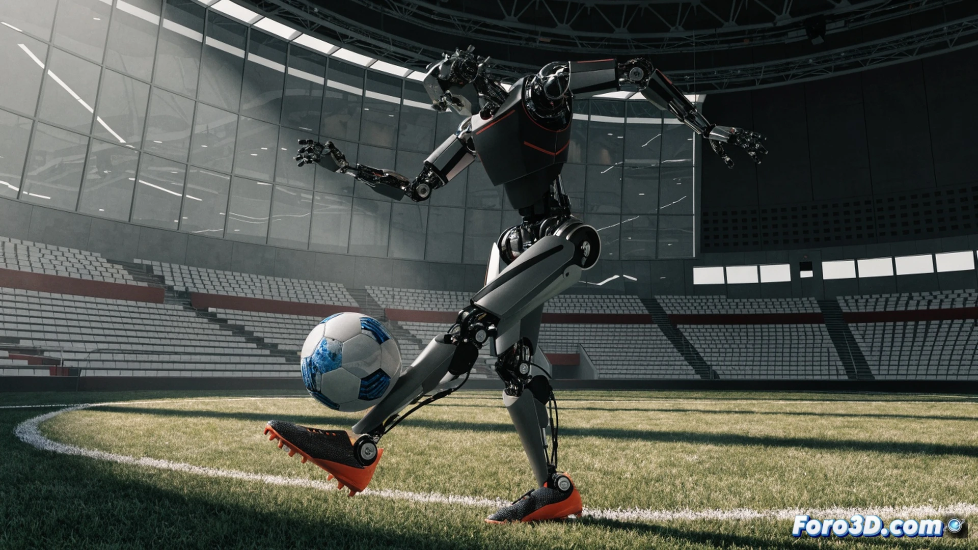 humanoid robot Atlas mid-kick motion capture, Blender software interface visible on holographic screen in background, robot leg swinging forward with dynamic balance, soccer ball compressing on impact, biomechanical joints glowing with blue LED indicators, motion lines tracing trajectory arc, Hyundai logo subtly integrated on torso panel, technical illustration style, photorealistic metallic surfaces, dramatic studio lighting with rim highlights, slow-motion effect implied through blurred background elements, engineering visualization aesthetic, precise mechanical articulation demonstrated during the kick sequence