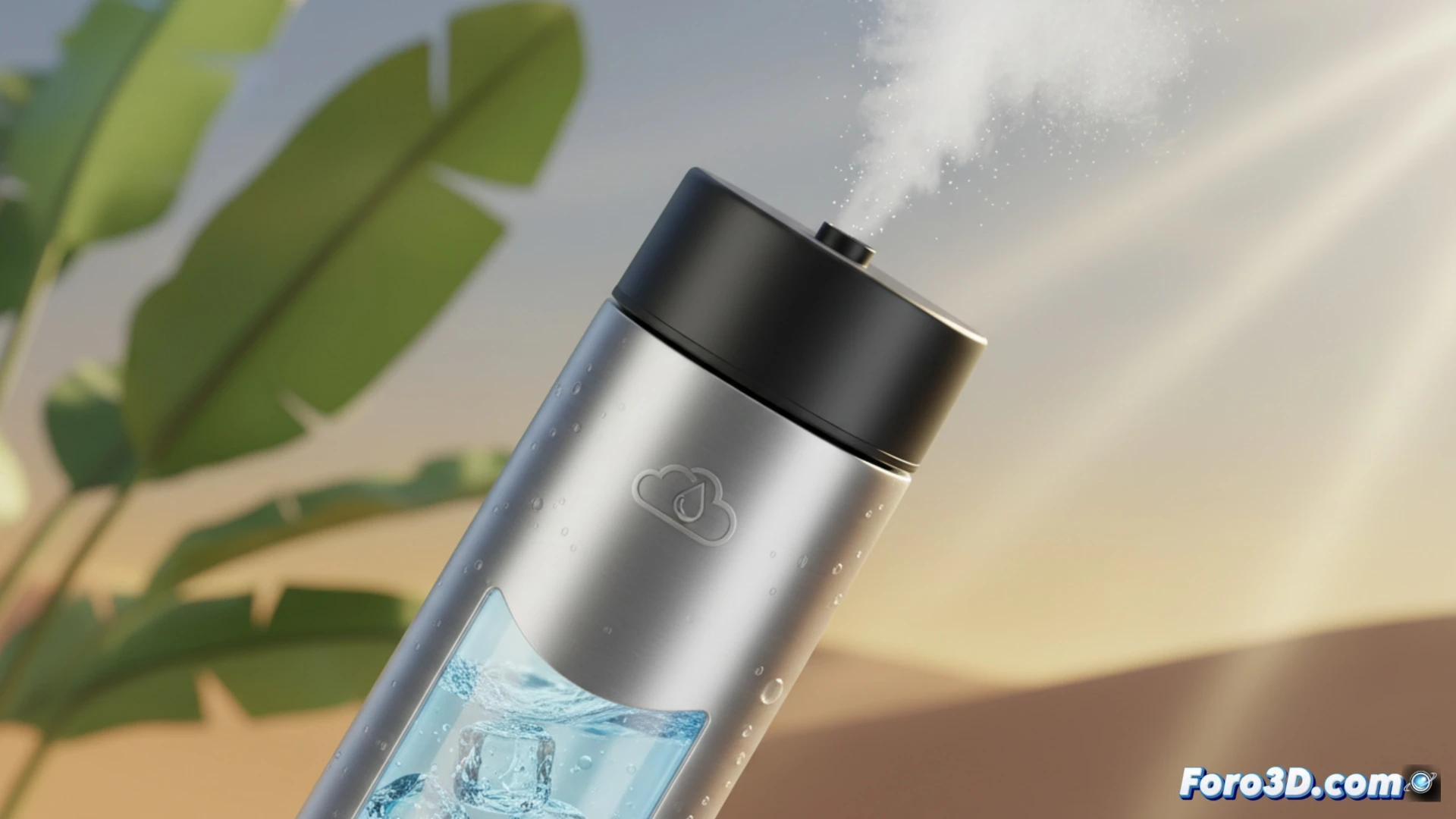 Botella de acero inoxidable con aislamiento al vacío sobre una mesa de madera, una mano presionando un botón en la tapa mientras una nube de niebla fría sale disparada hacia arriba, gotas microscópicas visibles en el aire, sensor de humedad ambiental mostrando nivel bajo en una pantalla digital cercana, diagrama técnico del humidificador ultrasónico integrado en la tapa con vibrador piezoeléctrico y cámara de nebulización, luz LED azul iluminando la niebla, estilo cinematic photorealistic, iluminación de estudio suave, reflejos metálicos en la superficie pulida, vapor en suspensión con textura realista, fondo oscuro con enfoque selectivo en el chorro de niebla