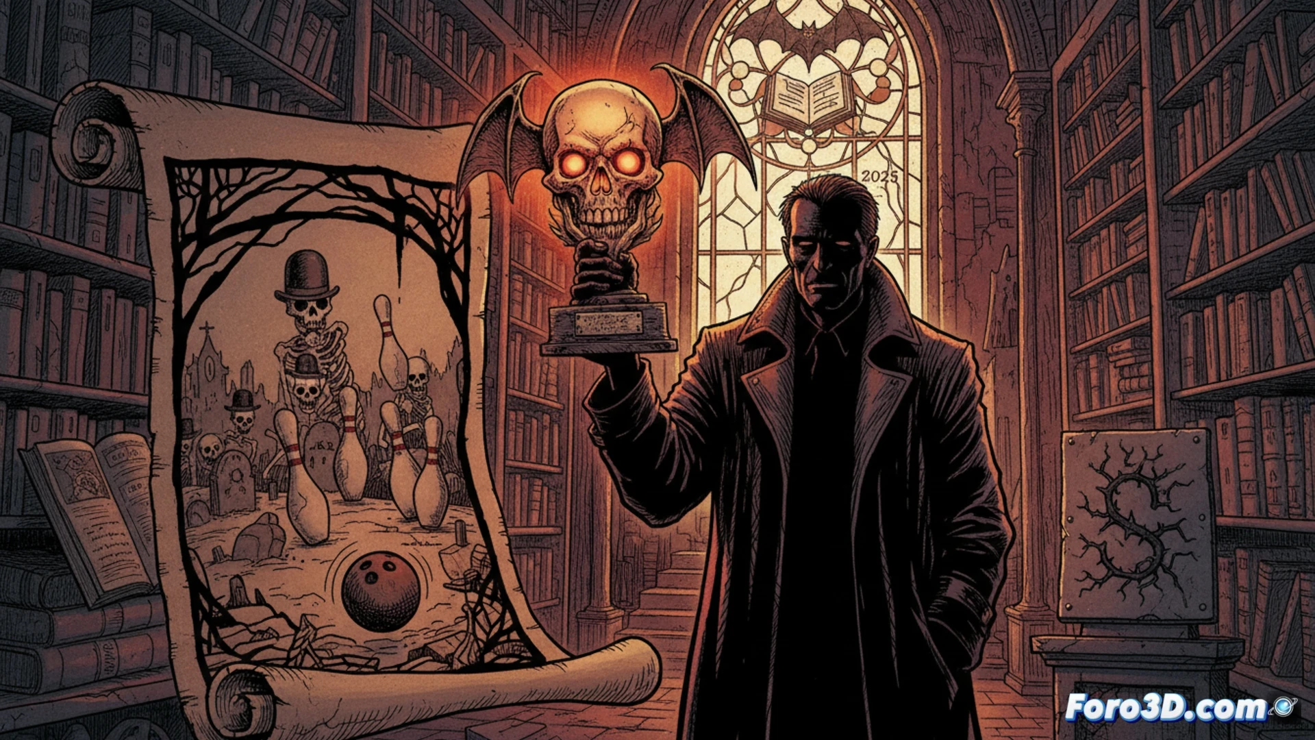 A dimly lit bowling alley at night, a decaying corpse in a vintage suit sliding down a polished wooden lane, pins scattering in slow motion, a bowler with Hellboy-like silhouette gripping a blood-stained bowling ball, arcane symbols glowing on the lane surface, cracked plaster walls with peeling horror movie posters, cinematic technical illustration, dramatic chiaroscuro lighting, photorealistic textures on the ball and pins, motion blur on the corpse arm, eerie green glow from pin machine mechanical components, ultra-detailed wood grain and gutter shadows