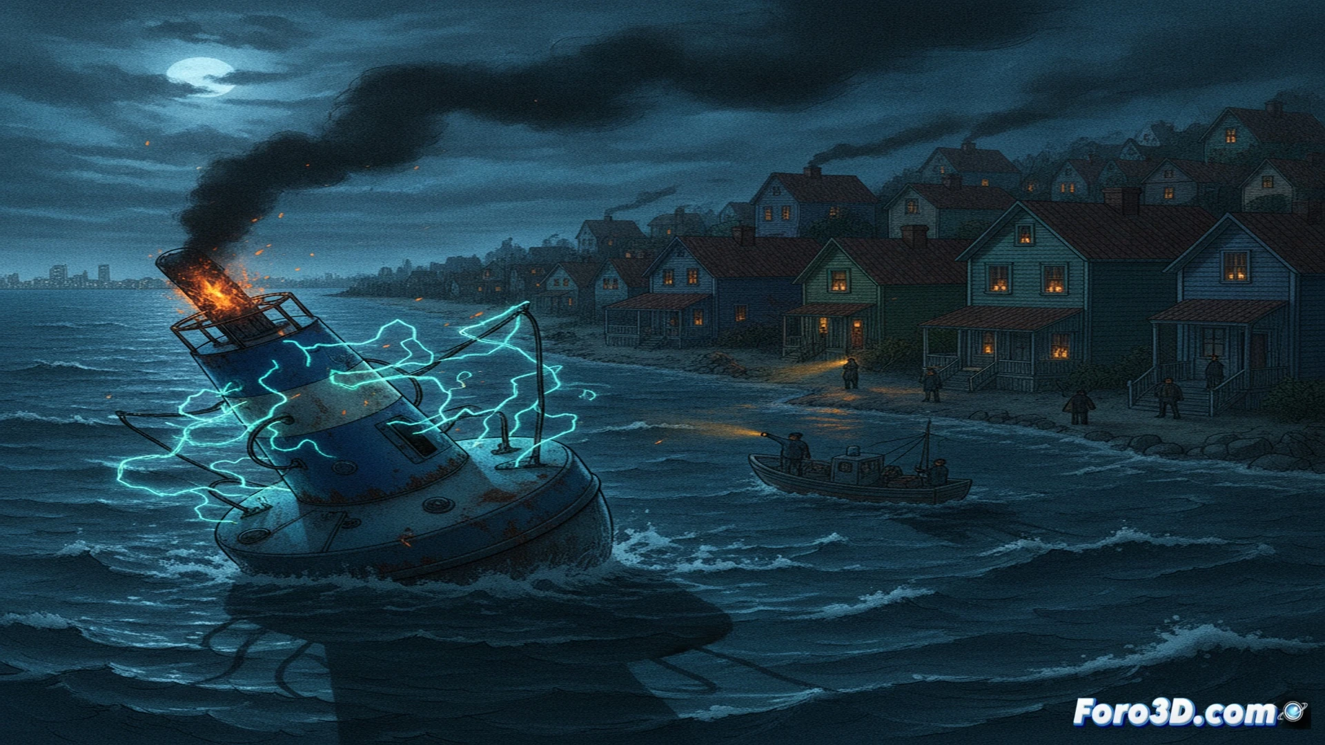 floating buoy generator malfunction scene, coastal neighborhood at dusk, metallic buoy anchored offshore with visible crack on turbine housing, intermittent sparks escaping from broken electrical panel inside, dim lights flickering in nearby houses, warning light on buoy blinking red, technical inspection boat approaching with two engineers in safety vests holding tablet showing error diagnostics, waves gently rocking the structure, cinematic engineering visualization, photorealistic ocean scene, dark blue water with white foam, overcast sky, dramatic contrast between dark clouds and faint sunset glow, ultra-detailed mechanical damage visible, realistic industrial lighting, wide-angle shot capturing both buoy and coastline