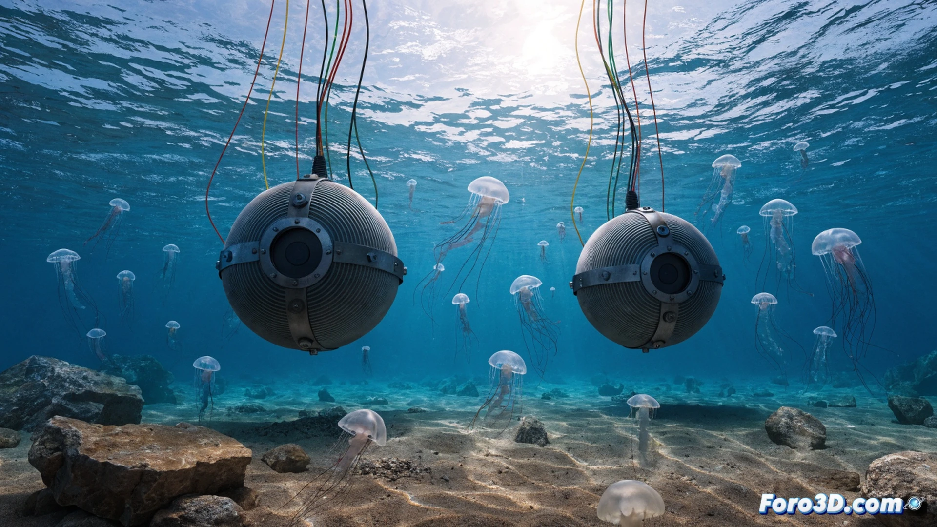 Boyas magnéticas flotando en el mar Mediterráneo, campo electromagnético invisible representado como ondas de color azul eléctrico desviando un banco de medusas translúcidas, bañistas nadando sin riesgo cerca de la costa, componentes técnicos visibles en el interior de la boya: bobinas de cobre y circuitos electrónicos sellados en una carcasa metálica, paneles solares en la parte superior, sin redes ni plásticos, agua cristalina, luz solar penetrando la superficie, estilo cinematic photorealistic, iluminación dramática submarina, texturas detalladas de gelatina marina y metal pulido, ángulo medio bajo mostrando el proceso de repulsión electromagnética en acción