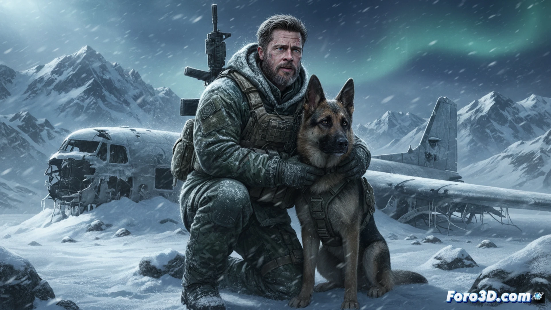 Alaskan wilderness survival scene, Brad Pitt as special forces officer crouching beside his combat dog in deep snow, both shivering during a blizzard after plane crash, officer using tactical knife to cut parachute fabric for shelter, dog pressing against his leg showing loyalty, broken aircraft wing visible in background, extreme cold frost forming on beard and dog fur, cinematic photorealistic style, dramatic overcast lighting, snow particles flying horizontally, ultra-detailed textures of cold metal and frozen gear, action showing bond between man and dog fighting hypothermia