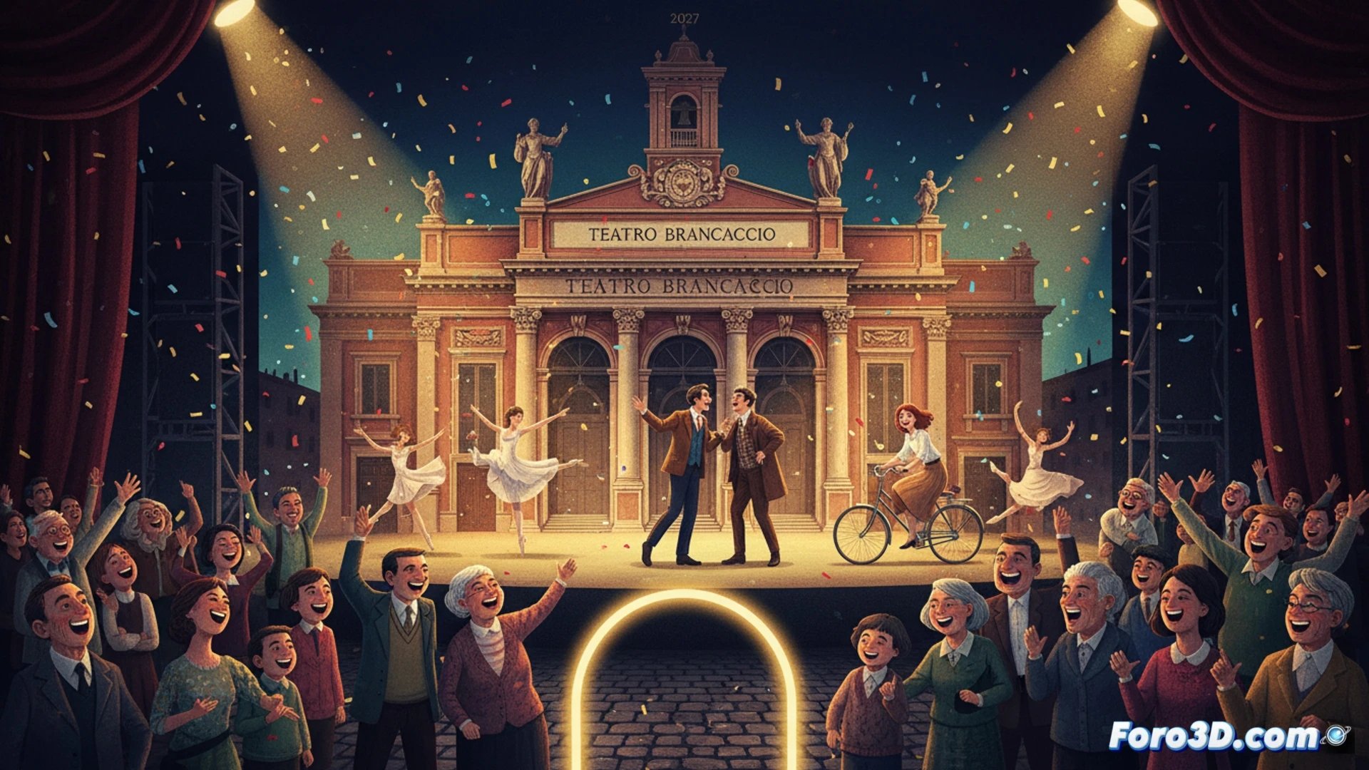 Teatro Brancaccio iluminado, con cartel de musicales, danza y comedia para su temporada 2026-2027.