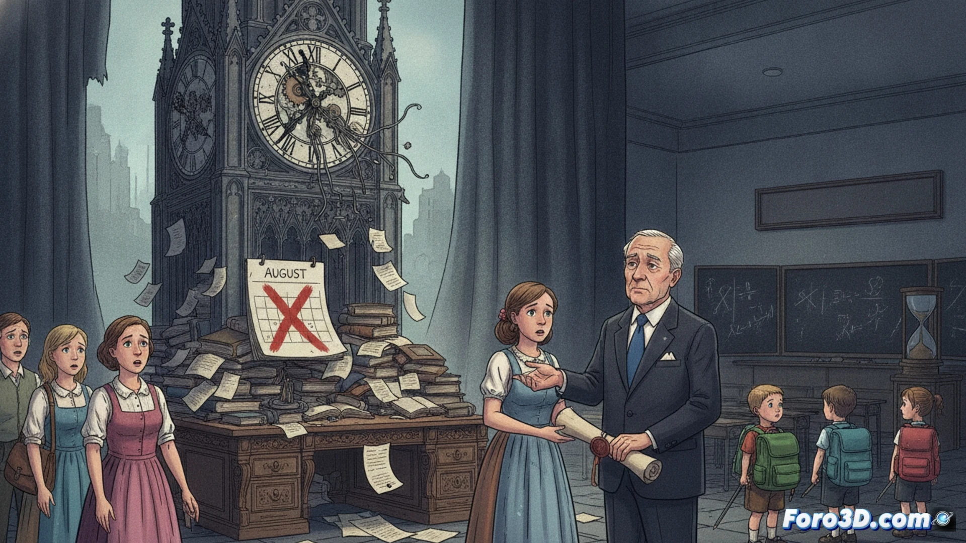 empty classroom with rows of wooden desks and chairs, sunlight streaming through tall windows onto dust particles in air, a single worn chalkboard at front with faint erased marks, teacher’s desk cluttered with stacked papers and a laptop showing a calendar marked with crossed-out dates, a broken clock on wall stopped at 8:15, children’s backpacks left abandoned on hooks by door, institutional green walls with peeling paint, photorealistic architectural interior render, cinematic low-angle shot, melancholic atmosphere, shallow depth of field focusing on empty seats, soft diffused lighting from window, hyperrealistic textures of wood grain and chalk residue