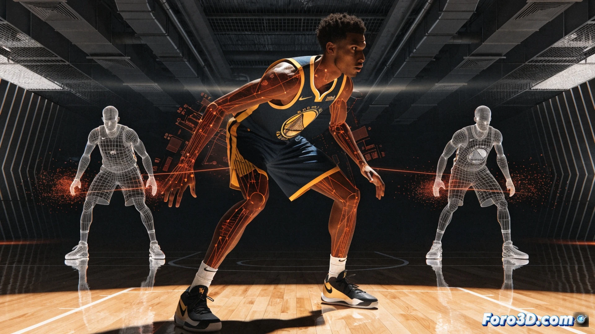 basketball player in 3D motion capture suit jumping for offensive rebound against taller opponents, biomechanical wireframe overlay showing joint angles and vertical leap trajectory, holographic data streams displaying rebound positioning metrics and spatial awareness heatmap, glowing blue kinetic energy lines tracing hand-eye coordination during tip-in, dark hardwood court with golden state warriors logo faintly visible, cinematic technical illustration style, ultra-detailed muscle fiber rendering under translucent skin, dramatic low-angle arena lighting, photorealistic 3D analysis visualization