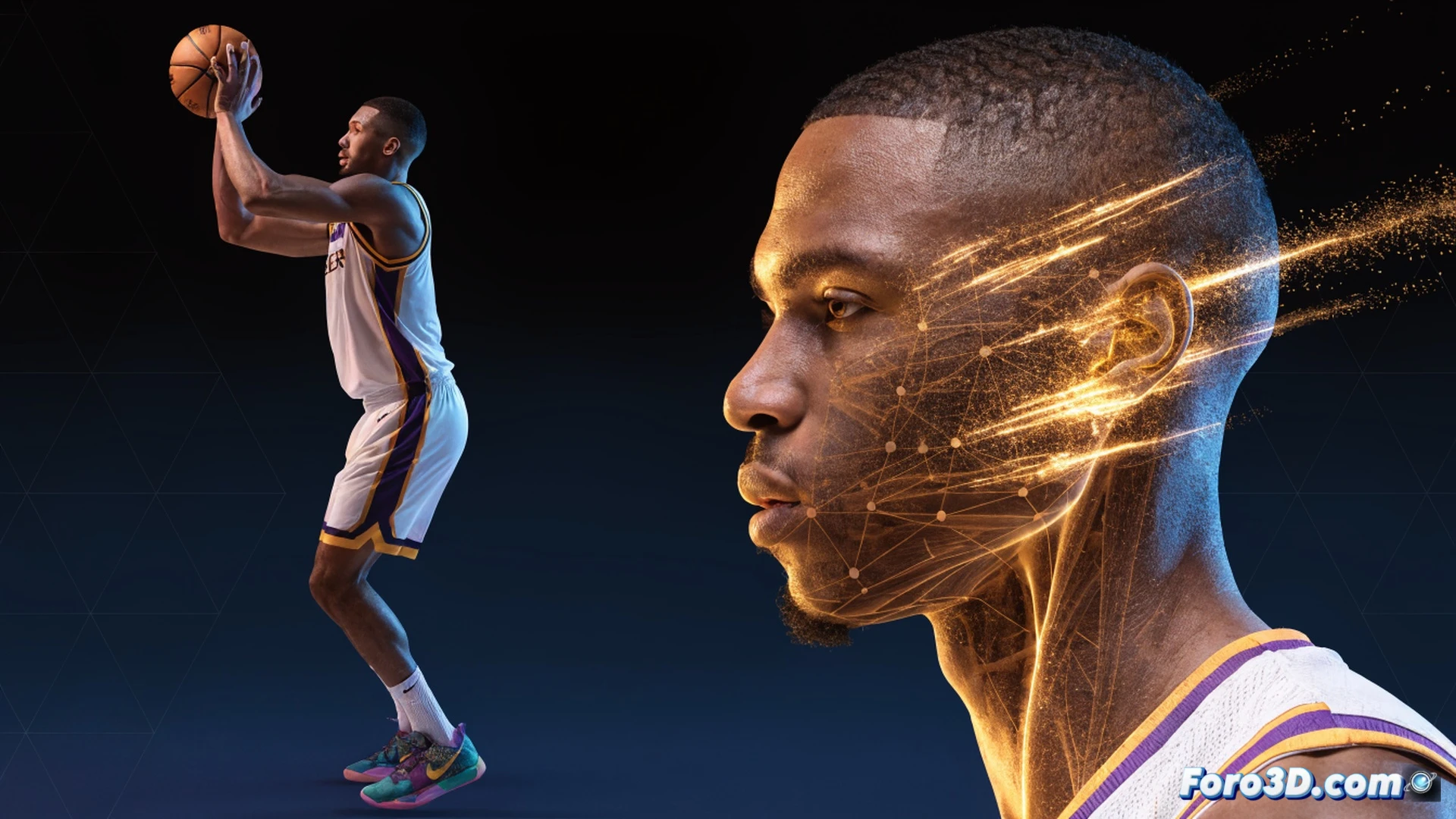 Brandon Miller releasing a three-point shot over a defender, basketball arcing toward hoop, defensive stance with sliding feet and off-balance recovery, court diagram overlay showing spacing and decision zones, glowing heatmap on floor highlighting inefficient movement patterns, technical illustration style, blue and teal arena lighting, high-contrast shadows on muscle definition, photorealistic sports biomechanics render, motion blur on jersey fabric, freeze-frame action with vector lines tracing shooting arc and defensive drift