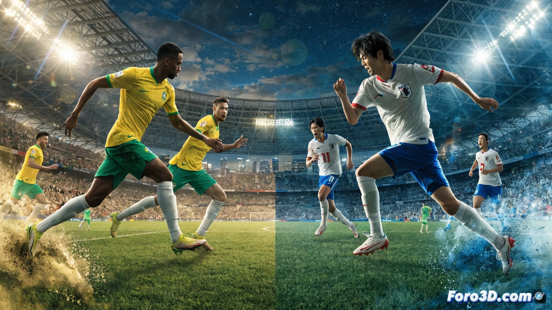 Brazilian soccer player in yellow jersey executing a powerful kick on a green field, ball mid-air curving toward a Japanese defender sliding tackle, stadium floodlights casting dramatic shadows, grass blades sprayed during impact, motion blur on players’ legs, photorealistic sports photography style, high-contrast dynamic lighting, sweat droplets visible, crowd blurred in background, tension in facial expressions, ultra-detailed uniforms with fabric folds, cinematic action freeze-frame