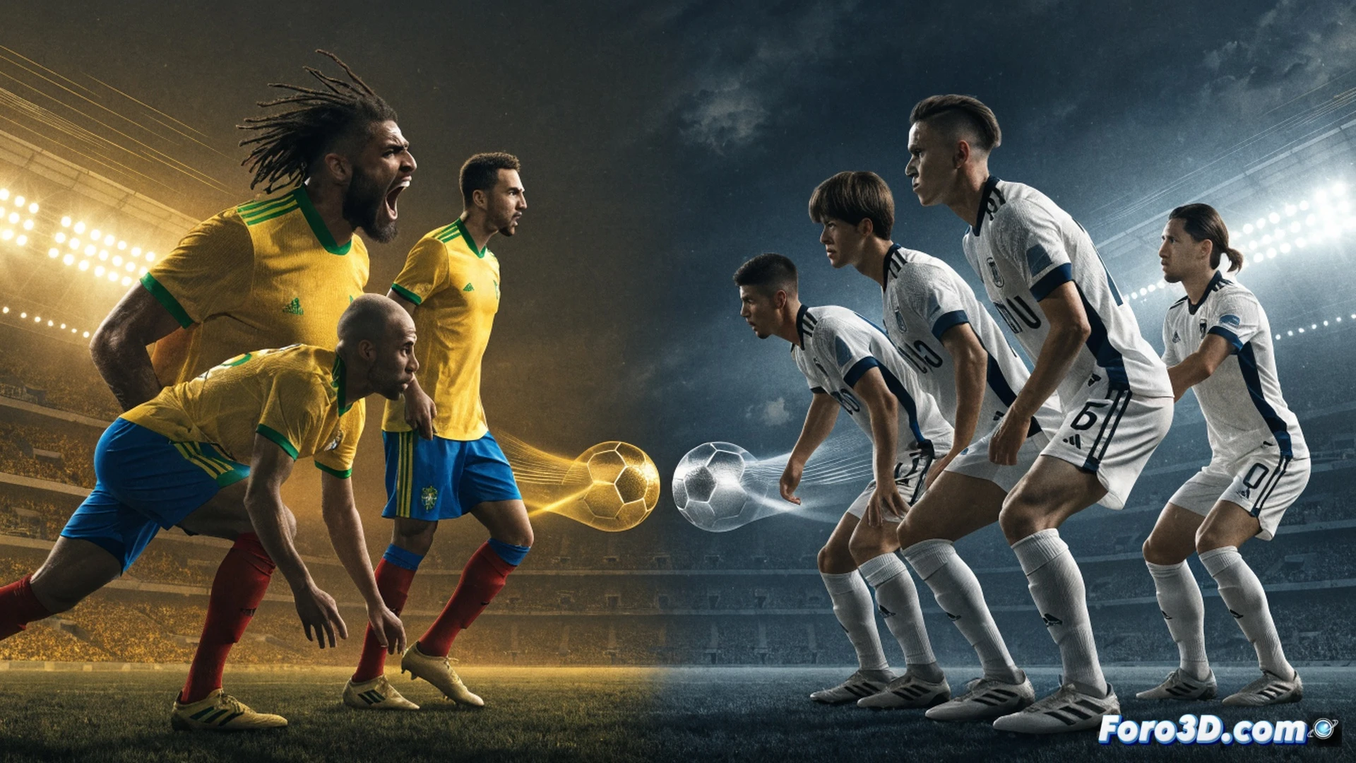 Brazilian yellow jersey attacking formation breaking through a five-man Japanese defensive line, tactical diagram overlay showing defensive shift, football tactical board with magnetic player pieces repositioned, arrows indicating defensive compression, cinematic sports tactical visualization, stadium floodlights illuminating the pitch, Japanese defenders sliding into blocking positions, Brazilian forward dribbling at speed, photorealistic match analysis render, shadow contrast on grass, motion blur on players, technical tactics illustration