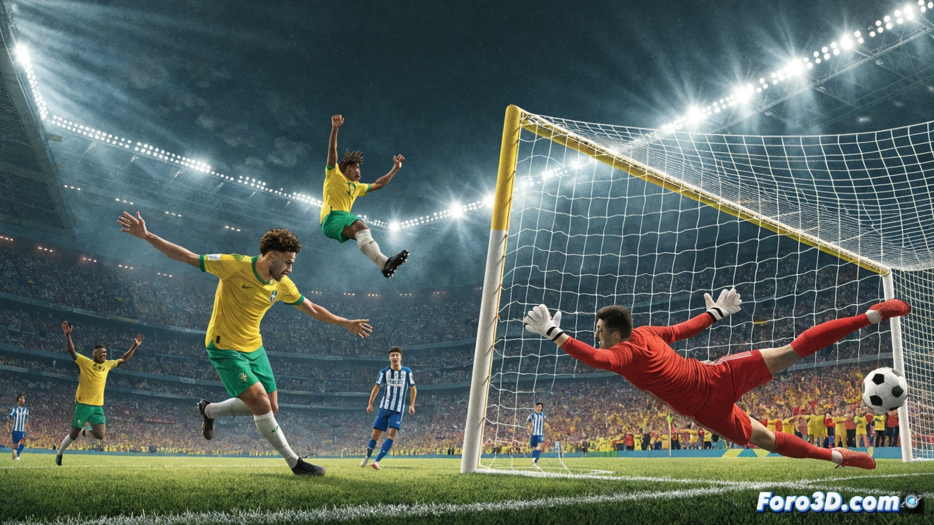 Brazilian footballer striking ball with force during last-minute goal, Japanese goalkeeper diving mid-air stretching arms, net bulging behind him, stadium floodlights casting dramatic shadows, green pitch with worn grass patches, ball trajectory showing spin and speed lines, cinematic sports photography style, high-speed freeze-frame action, sweat droplets suspended in air, crowd blurred in background, ultra-detailed uniform fabric textures, photorealistic match moment render