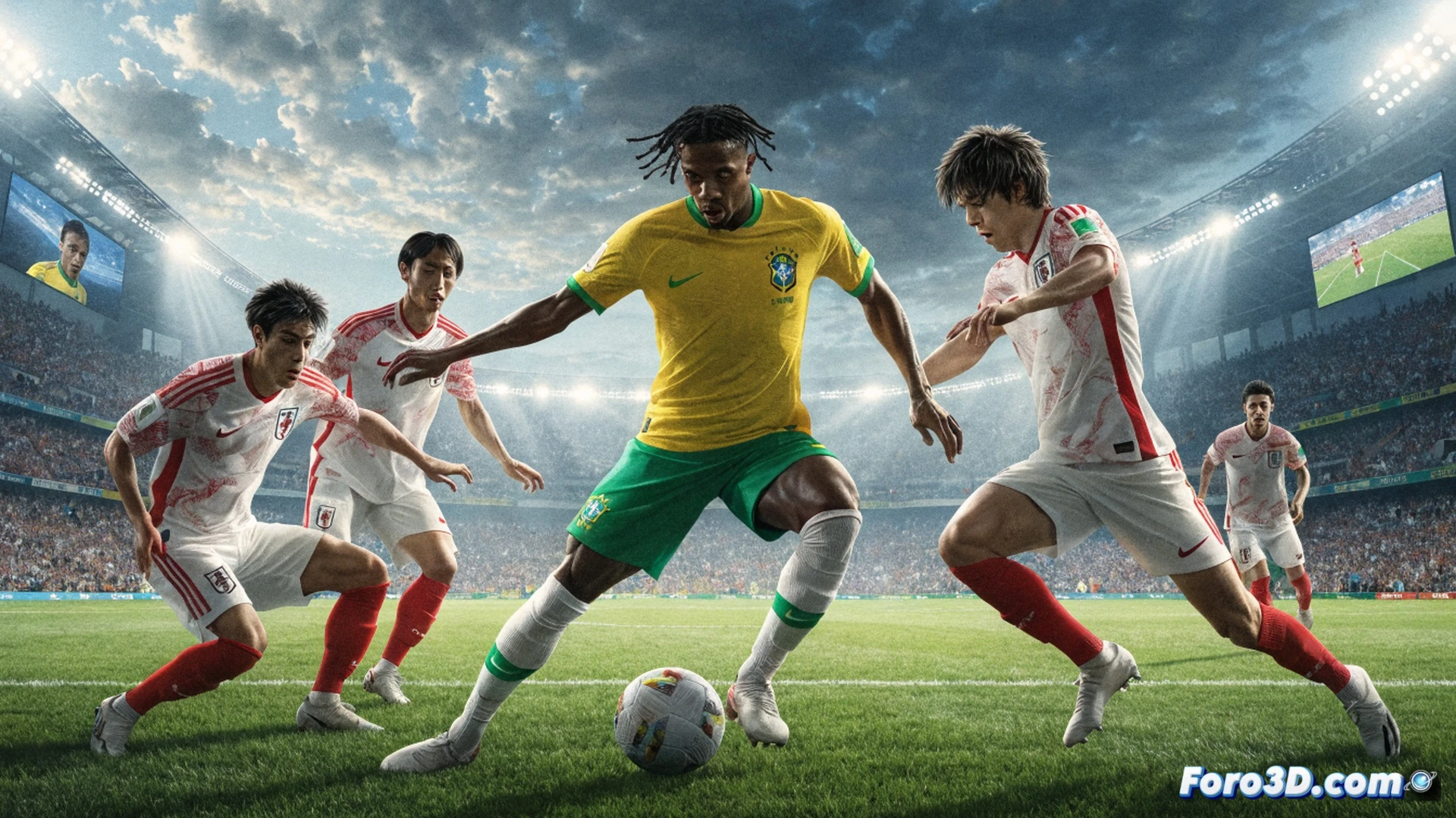 Estadio abarrotado durante un contraataque de Brasil, Vinícius Jr. encarando a un defensa japonés en el borde del área, balón en movimiento con efecto, césped levantado por la pisada, cámara a ras de suelo con ángulo dramático, sudor visible en los rostros, camisetas amarilla y azul contrastando con el rojo nipón, iluminación de focos creando sombras alargadas, profundidad de campo desenfocando el fondo, estilo cinematográfico, render fotorrealista, textura detallada del césped y la malla del arco, tensión palpable en la escena.
