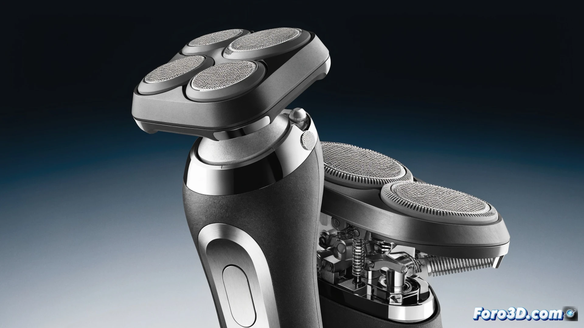Braun Series 9 Pro+ electric shaver gliding across a jawline covered in dense stubble, floating shaving head automatically pivoting to follow facial contours, cutting hairs cleanly during a dry shaving process, premium titanium-coated blades in action, ergonomic handle held by a hand, fine cut hairs falling onto a dark countertop, cinematic product photography style, soft studio lighting highlighting metallic chrome finish, ultra-detailed mechanical foil pattern, photorealistic technical render, shallow depth of field emphasizing precision engineering