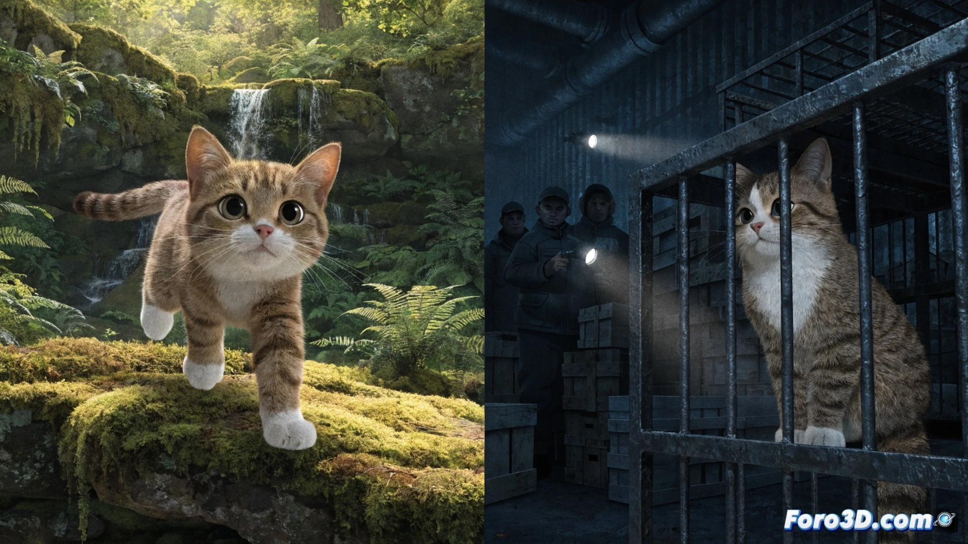 close-up of an animated orange cat leaping through a dense forest at dusk, golden eyes wide with determination, paws stretched forward mid-action, a torn map clutched in one paw, wooden fence posts and tangled vines in the foreground, distant silhouette of a hunter figure carrying a cage, cinematic animation style, soft volumetric light filtering through leaves, textured fur and glowing highlights, dramatic shadows, emotional storytelling composition, photorealistic 3D render, Punkrobot aesthetic
