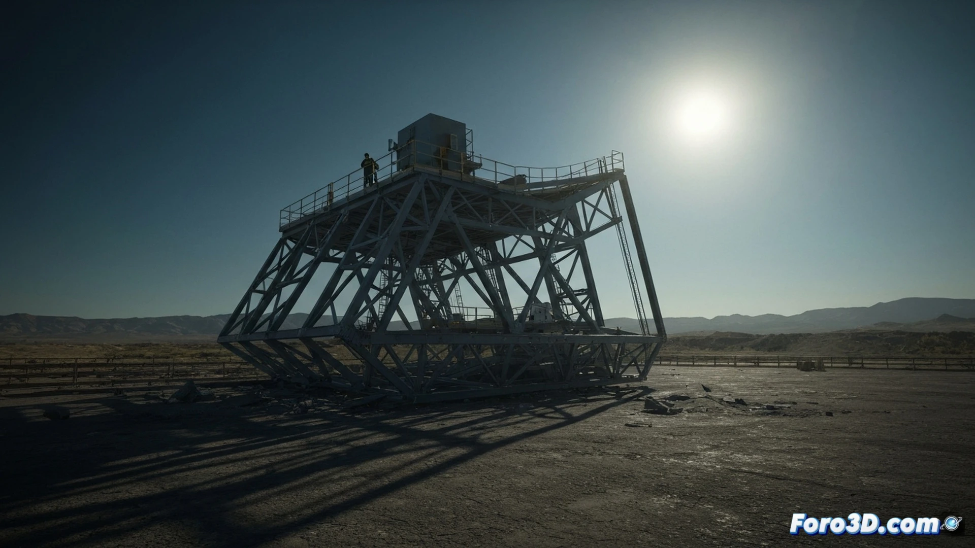 fractured telescopic boom section mid-break, metallic fragments suspended mid-air during photogrammetry scan, orange crosshair markers floating around broken edges, laser scanner projecting grid onto cracked high-strength steel, laptop showing 3D wireframe reconstruction with weld seam analysis, forensic engineer in safety vest gesturing at fracture surface, workshop floor with hydraulic jack and measuring tools, dramatic side lighting on jagged metal grain structure, photorealistic technical illustration, cinematic depth of field