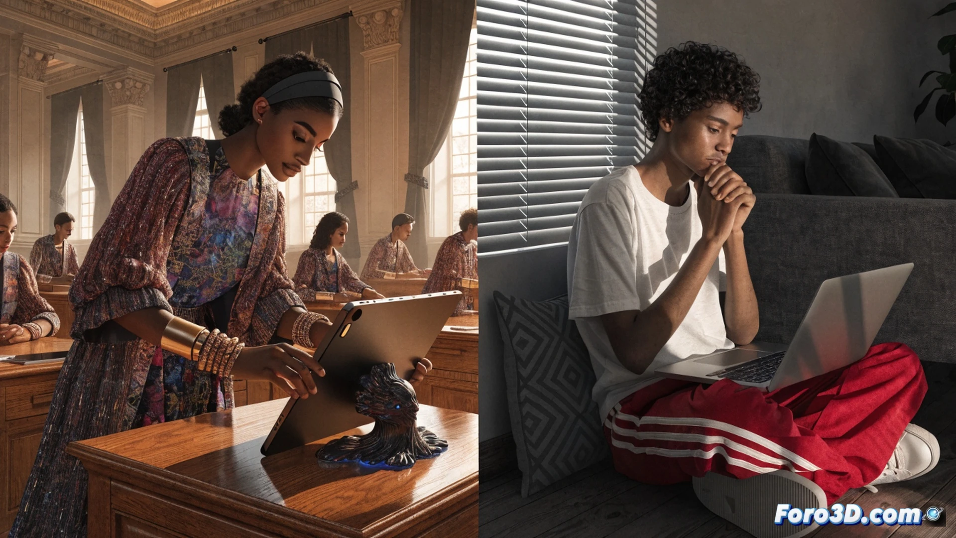 Photorealistic scene inside a modern classroom, a child reaching for a glowing tablet device priced at 569 euros on a pedestal, while other students sit empty-handed at desks, a transparent digital wall showing subscription renewal alerts and locked educational software, a teacher standing frustrated beside a broken projector, dramatic chiaroscuro lighting casting shadows across the room, cold blue and amber light contrast, dust particles floating in beams, ultra-detailed textures on worn wooden desks and plastic chairs, cinematic composition emphasizing exclusion and privilege, technical illustration style with precise hardware details like USB ports and charging cables disconnected