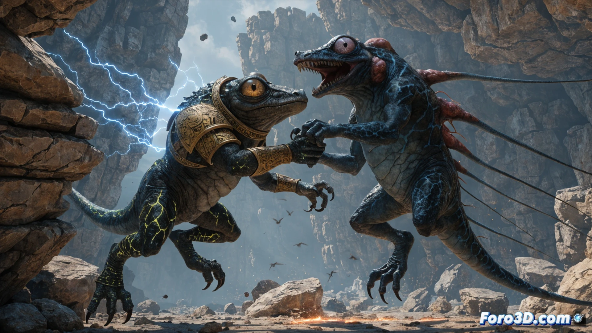 Two giant anthropomorphic frogs locked in intense combat, one performing a high-speed roundhouse kick while the other blocks with crossed forearms, motion blur on limbs, fighting game style, pixelated health bars and combo counters floating in the air, a frustrated gamer's hands gripping a controller in the foreground, a glowing keyboard and monitor showing a paused tutorial screen, cinematic action shot, dramatic side lighting, neon green and purple arena, dust particles from rapid movements, photorealistic render with arcade aesthetic