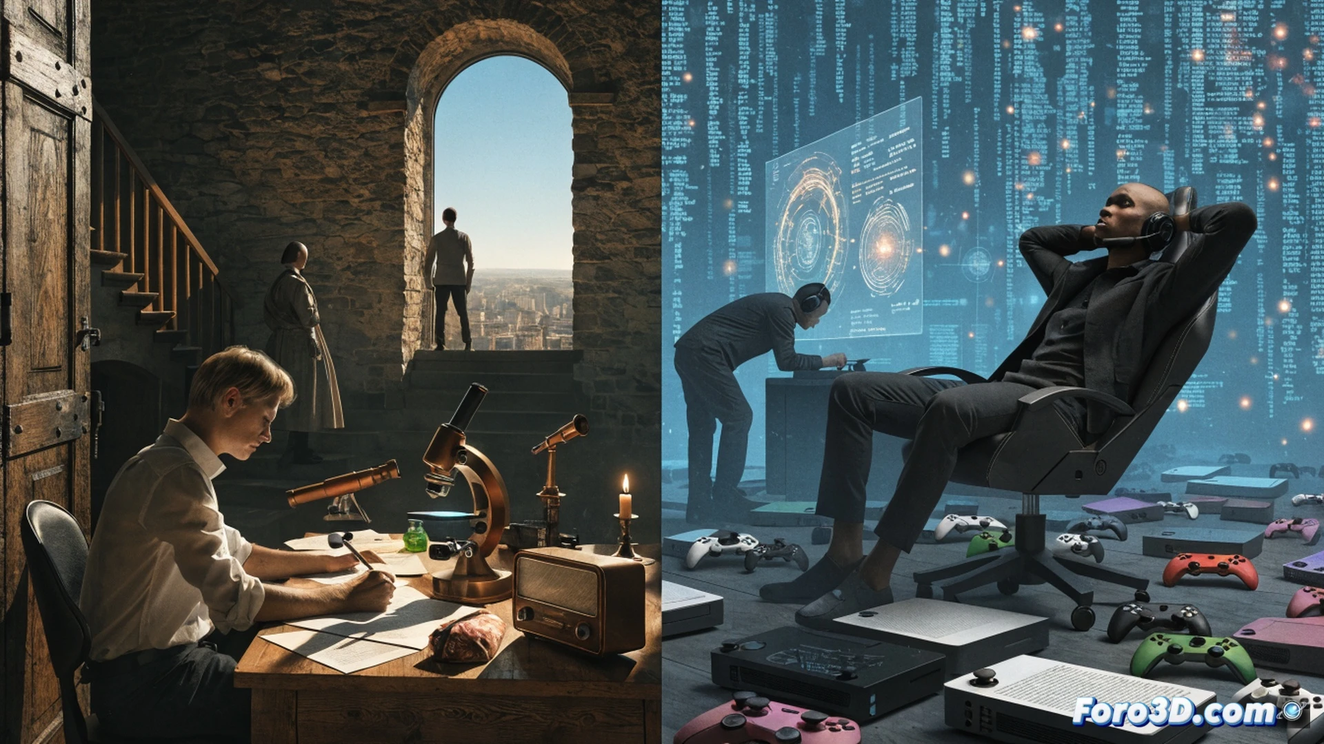 Split screen cinematic visualization showing two contrasting realities. Left side: Northern Ireland factory floor with robotic arms assembling electronic components, EU flag decal on machinery, conveyor belt moving faster with glowing green efficiency indicators, workers in cleanroom suits, bright industrial lighting. Right side: Microsoft Xbox console gathering dust on a shelf, Game Pass subscription cards scattered, broken controller pieces, dark blue moody lighting, empty retail shelf background. Photorealistic technical render, dramatic lighting contrast, hyperdetailed textures, cinematic depth of field, showing inequality and stagnation simultaneously.