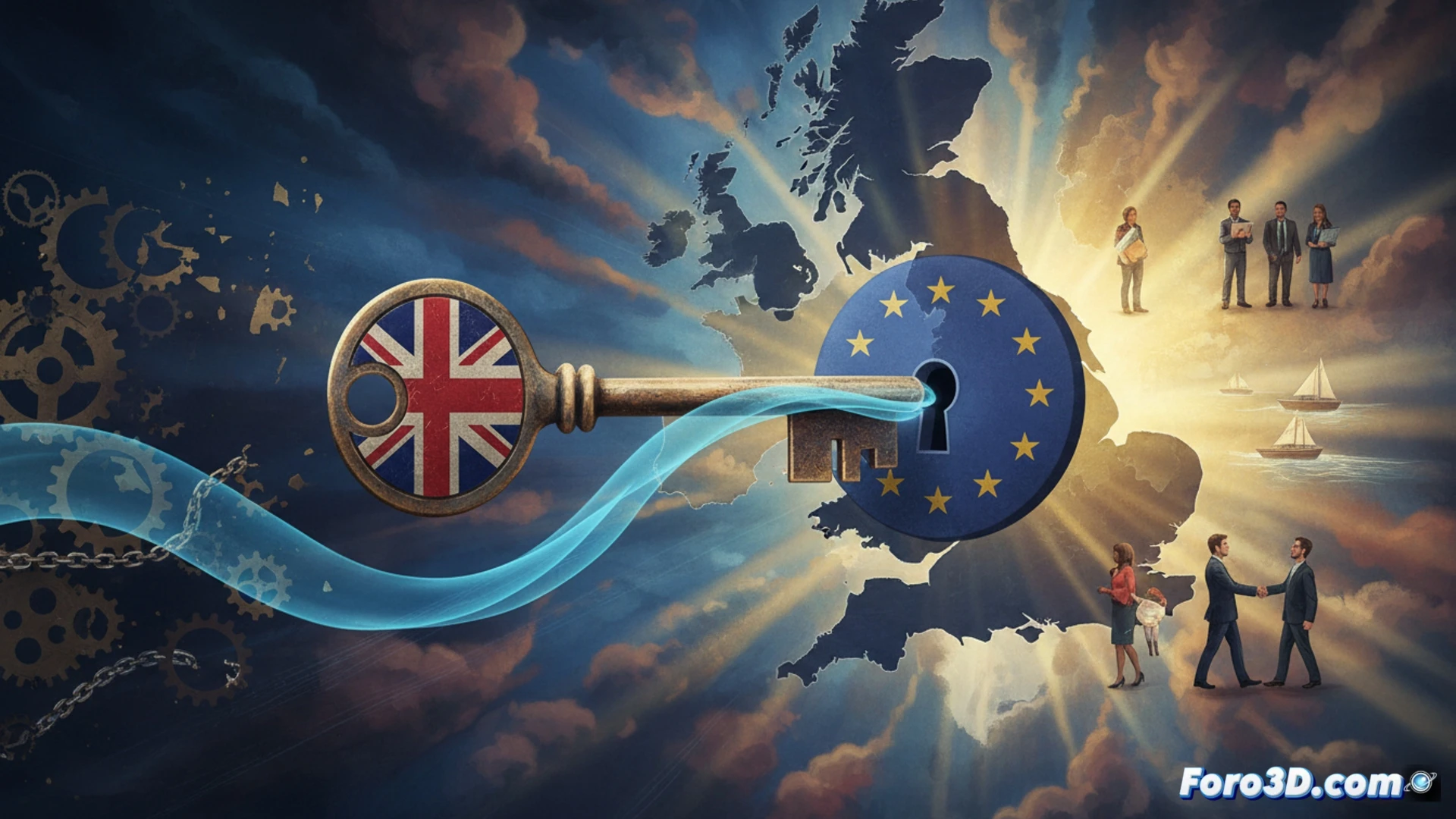 photorealistic cinematic scene of a large cracked stone wall labeled EU being slowly repaired by robotic arms, a glowing puzzle piece shaped like the UK floating back into place, British and EU flags subtly reflected on polished metal tools, sparks and blue electric arcs during the reconnection process, engineering visualization, dramatic industrial lighting, ultra-detailed mechanical joints and circuit boards, motion blur on the robotic appendages, debris particles suspended in air, high-contrast shadows, technical illustration style