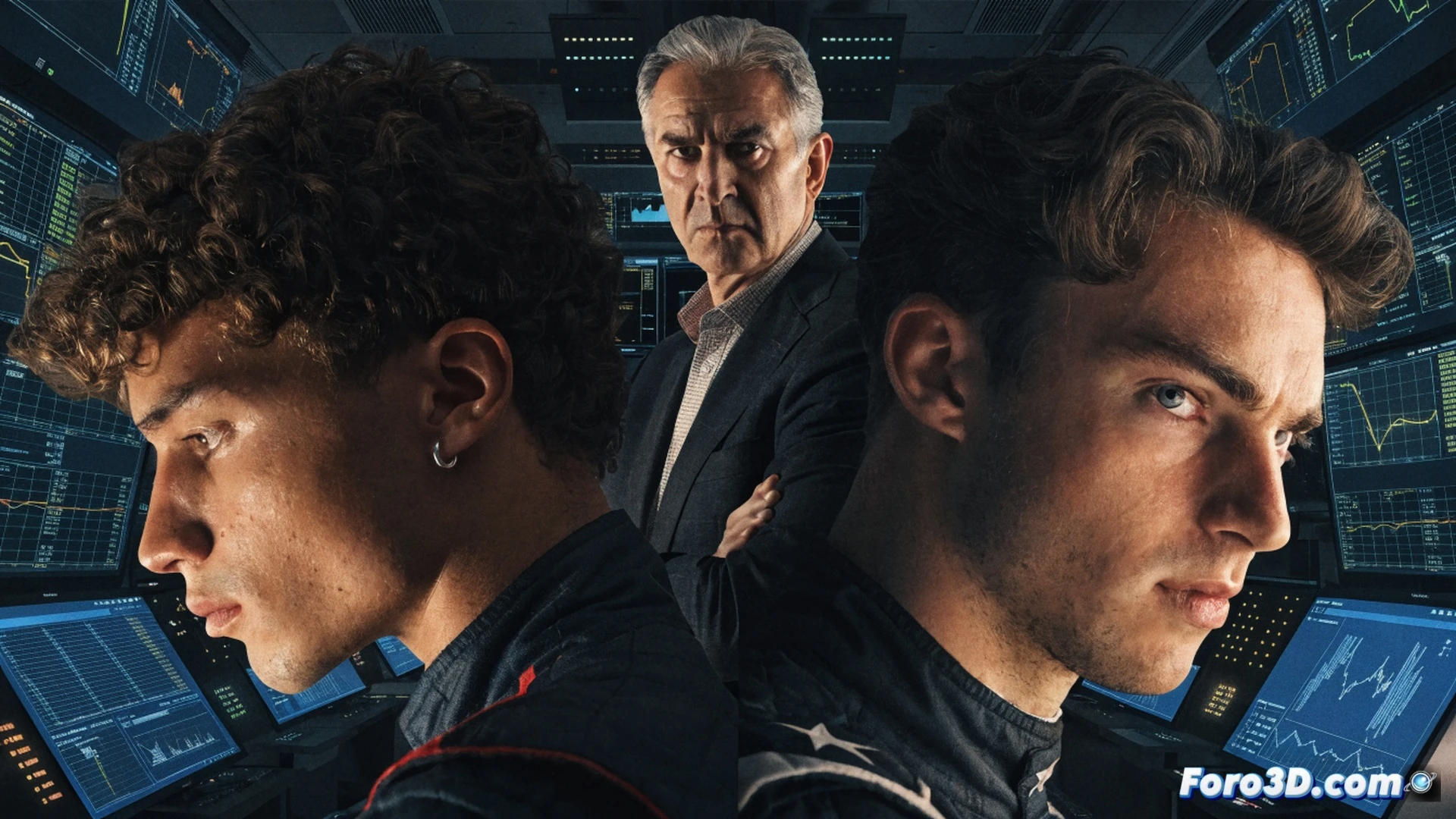 Flavio Briatore observando una simulación de rendimiento de pilotos en una pantalla táctil gigante, datos de telemetría de Franco Colapinto y Pierre Gasly superpuestos en tiempo real, gráficos de velocidad y frenado en curvas, cascos de Alpine en 3D rotando, cronómetros digitales en cuenta regresiva, estación técnica con monitores y teclados, luces LED azules y rojas reflejándose en superficies metálicas, ingenieros de fondo analizando mapas de calor de neumáticos, estilo cinematográfico de ingeniería, iluminación dramática y enfoque nítido, render fotorrealista con texturas de fibra de carbono y metal cepillado.