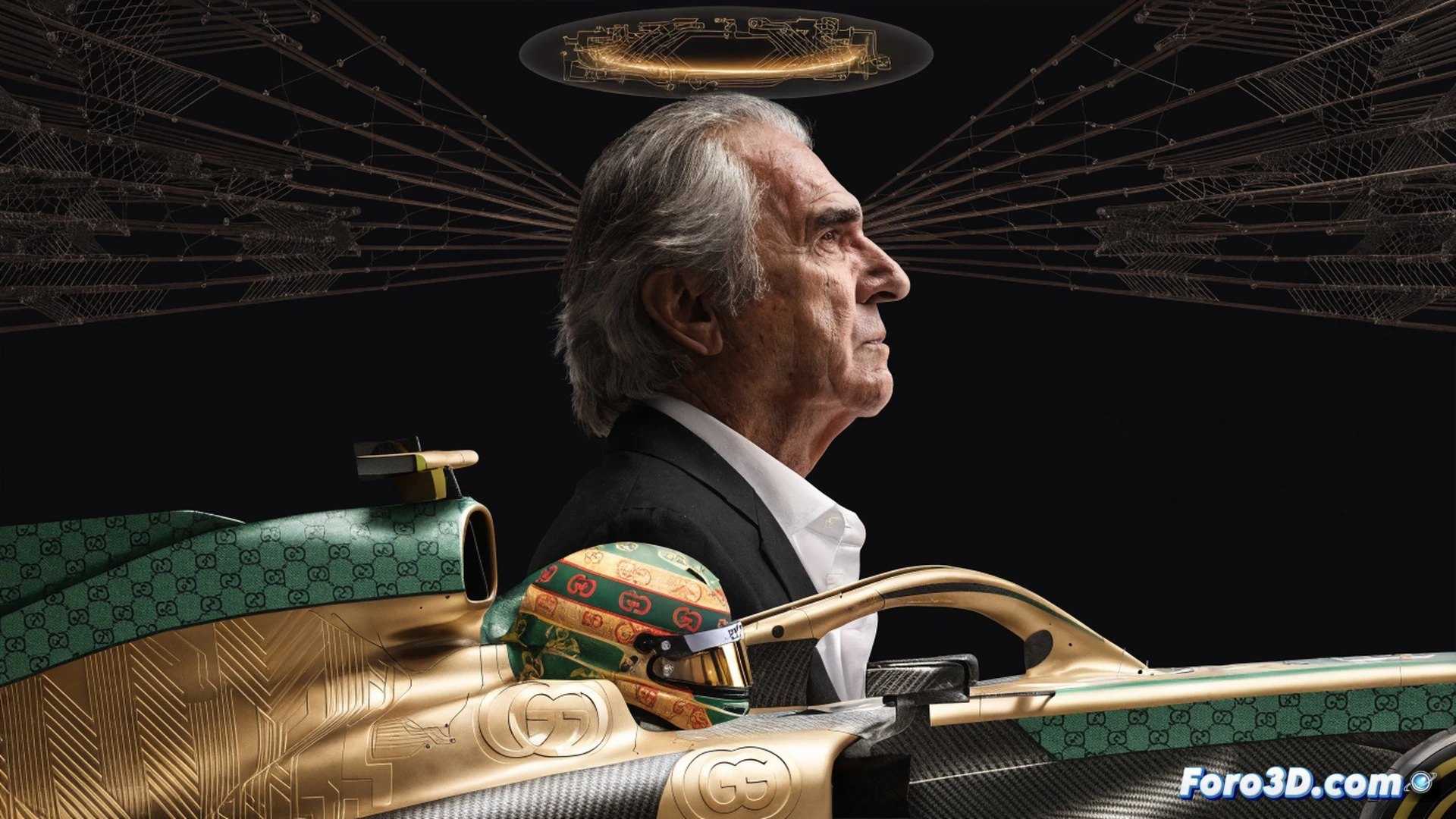 F1 pit stop simulation showing Alpine crew in blue overalls swapping tyres on a car with Gucci green-red-green stripes, Fernando Alonso helmet emerging from cockpit, Briatore observing with tablet displaying 2027 data graphics, carbon fibre steering wheel with glowing telemetry readouts, engineering visualization style, dramatic pitlane lighting reflecting off polished engine components, motion-blurred background of rival garages, photorealistic technical render