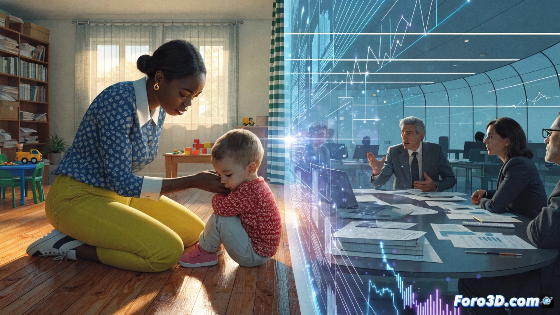 corporate daycare facility interior, security camera feed showing a child wandering unnoticed near an unlatched exit door, manager typing on a laptop with financial reports visible on screen, while a broken surveillance monitor flickers in the background, emergency alarm panel with warning lights, scattered toys on the floor, cinematic photorealistic engineering visualization, cold blue fluorescent lighting, sharp contrast between sterile glass office and chaotic play area, motion blur on running child, technical illustration style, ultra-detailed textures