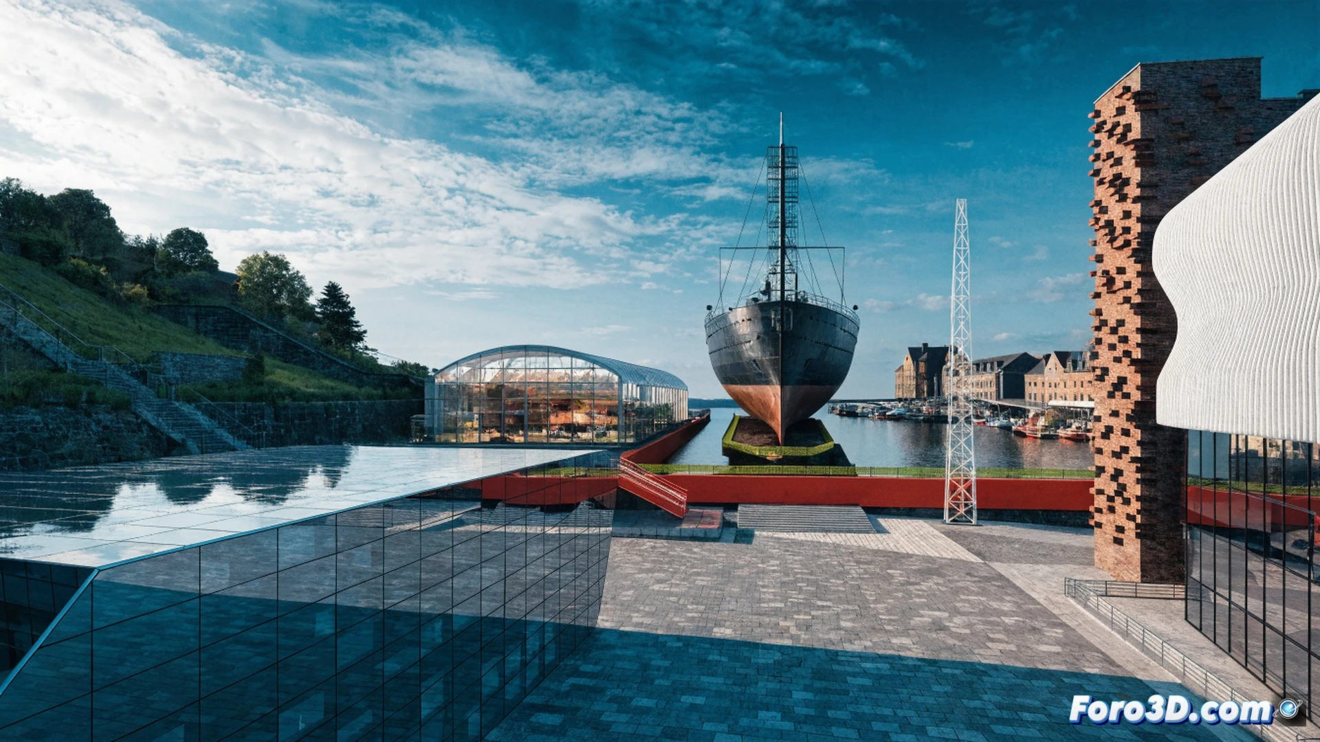 Victorian steamship SS Great Britain in dry dock, workers repainting hull in vibrant modern colours while preserving original iron plates, scaffolding around ship showing renovation process, tourists walking on new colourful dockyard pathway below, maritime engineering scene with harbour cranes and restoration tools, cinematic photorealistic render, warm golden hour lighting casting long shadows, historical iron rivets contrasting with fresh paint, dockyard water reflecting ship silhouette, ultra-detailed industrial textures, dramatic sky with clouds