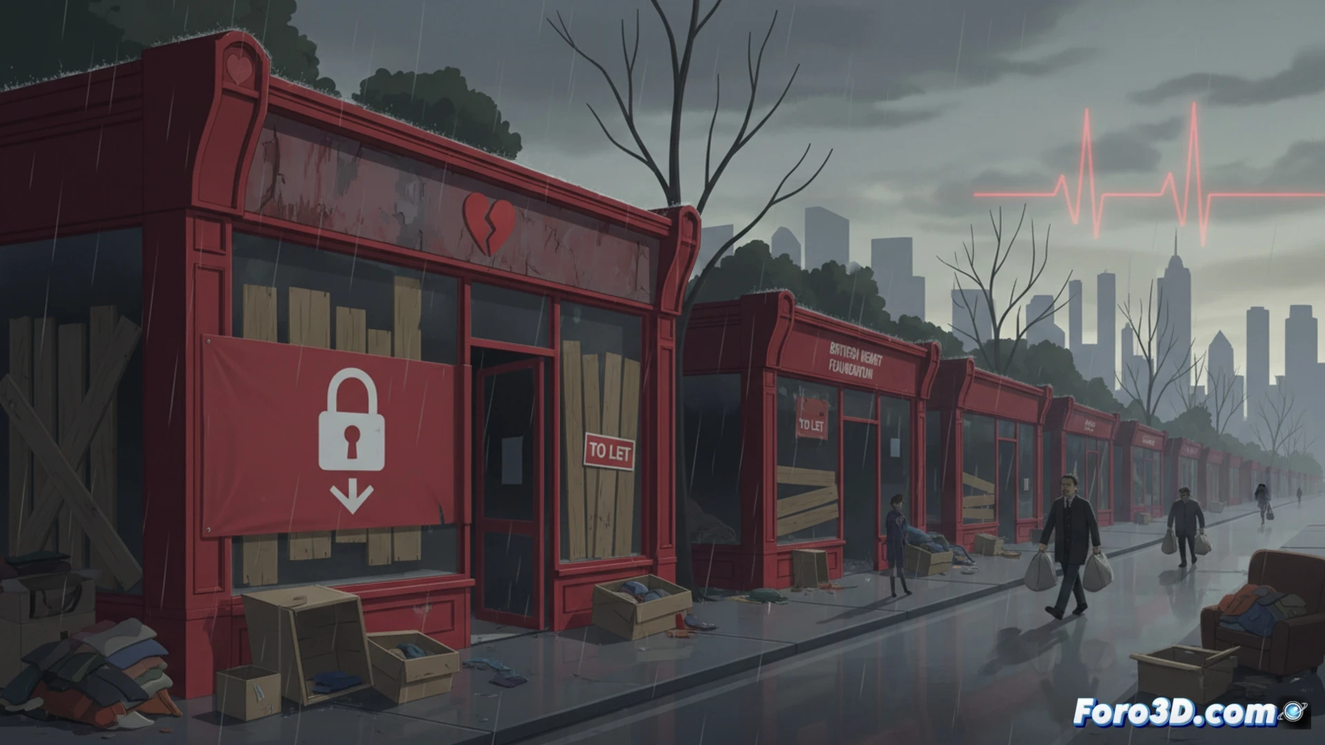 cinematic wide shot of a charity shop storefront with a CLOSED sign on the door, cardboard donation boxes stacked outside, a forklift loading empty shelves into a removal truck, broken mannequin arm on the pavement, another store in the background with a FOR SALE sign, autumn leaves covering the entrance, dim street lighting reflecting on wet pavement, sad atmosphere, photorealistic architectural visualization, high contrast shadows, detailed brick texture and glass reflections, urban decay aesthetic, 8k quality