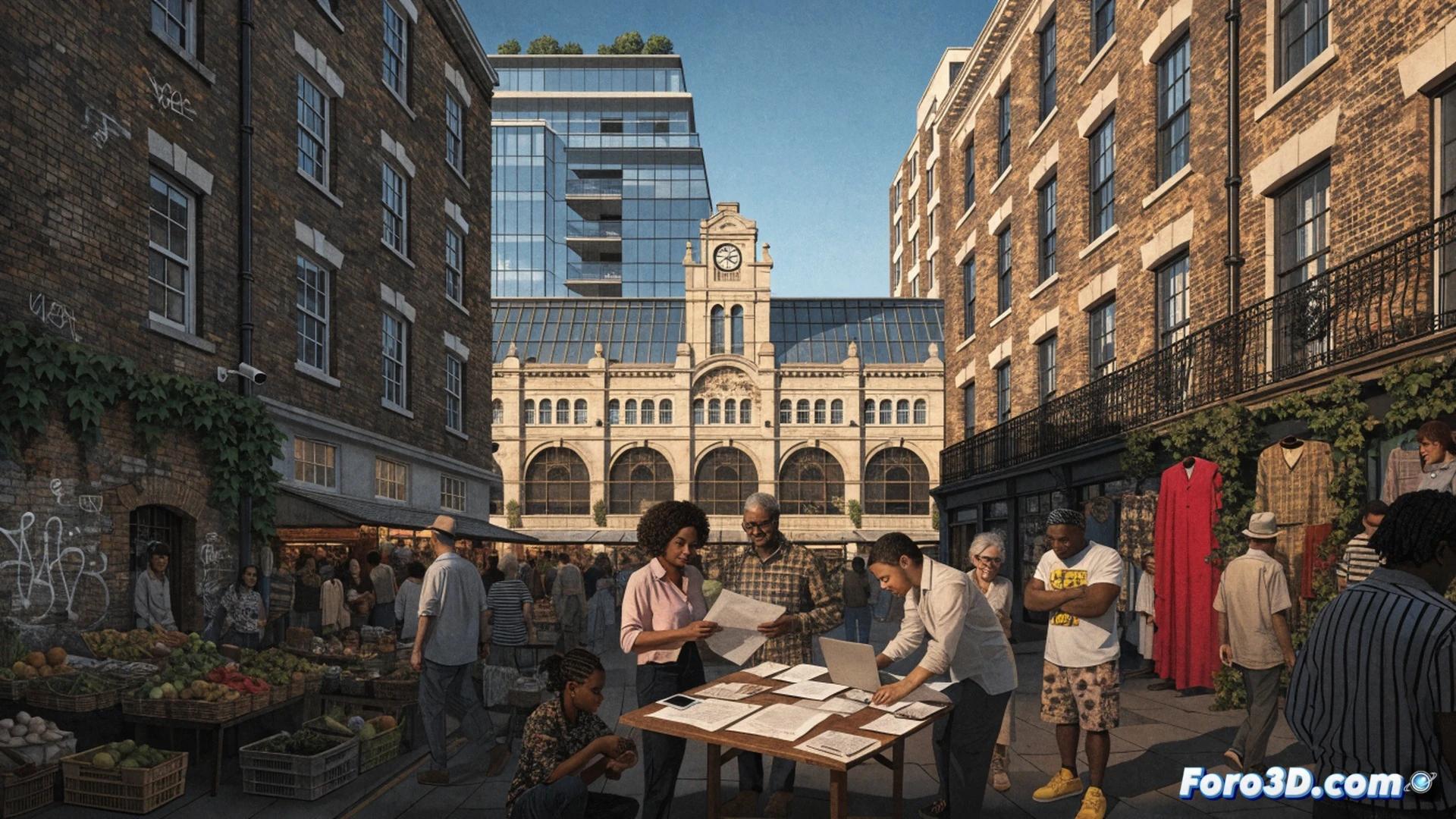 mixed crowd of diverse Brixton residents and shopkeepers standing together in front of a red brick market hall, hands raised holding wooden signs with blank spaces, a large auction gavel mid-swing crashing down on a stack of price tags showing empty slots, yellow measuring tape wrapped around a market stall pulling tight, vintage cash register with coins spilling out, community blueprint unfurled on a wooden crate, cinematic photorealistic style, dramatic overcast London sky, warm amber streetlights contrasting with cool grey clouds, steam rising from a coffee cart in foreground, cobblestone texture visible, wide-angle lens perspective emphasizing unity and action, ultra-detailed brickwork and produce crates, motion blur on the gavel swing, deep shadows and highlights creating tension