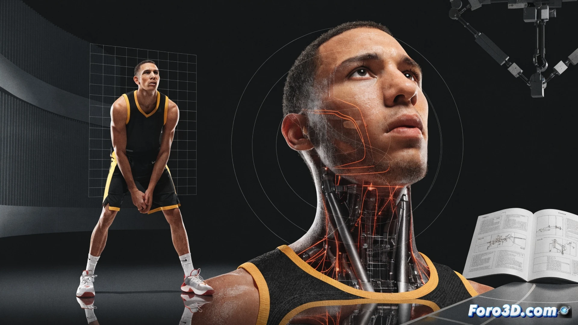 Basketball player executing a low-center-of-gravity drive around a screen, 3D wireframe overlay highlighting knee bend angle and hip torque, ball release shown with precise launch angle trajectory, defensive player partially transparent to show calculated path, engineering visualization style with grid floor and motion arrows, glowing anatomical joint markers, metallic court surface reflecting technical diagrams, cinematic lighting with blue and orange rim light, ultra-detailed muscle definition under translucent skin, photorealistic biomechanics render