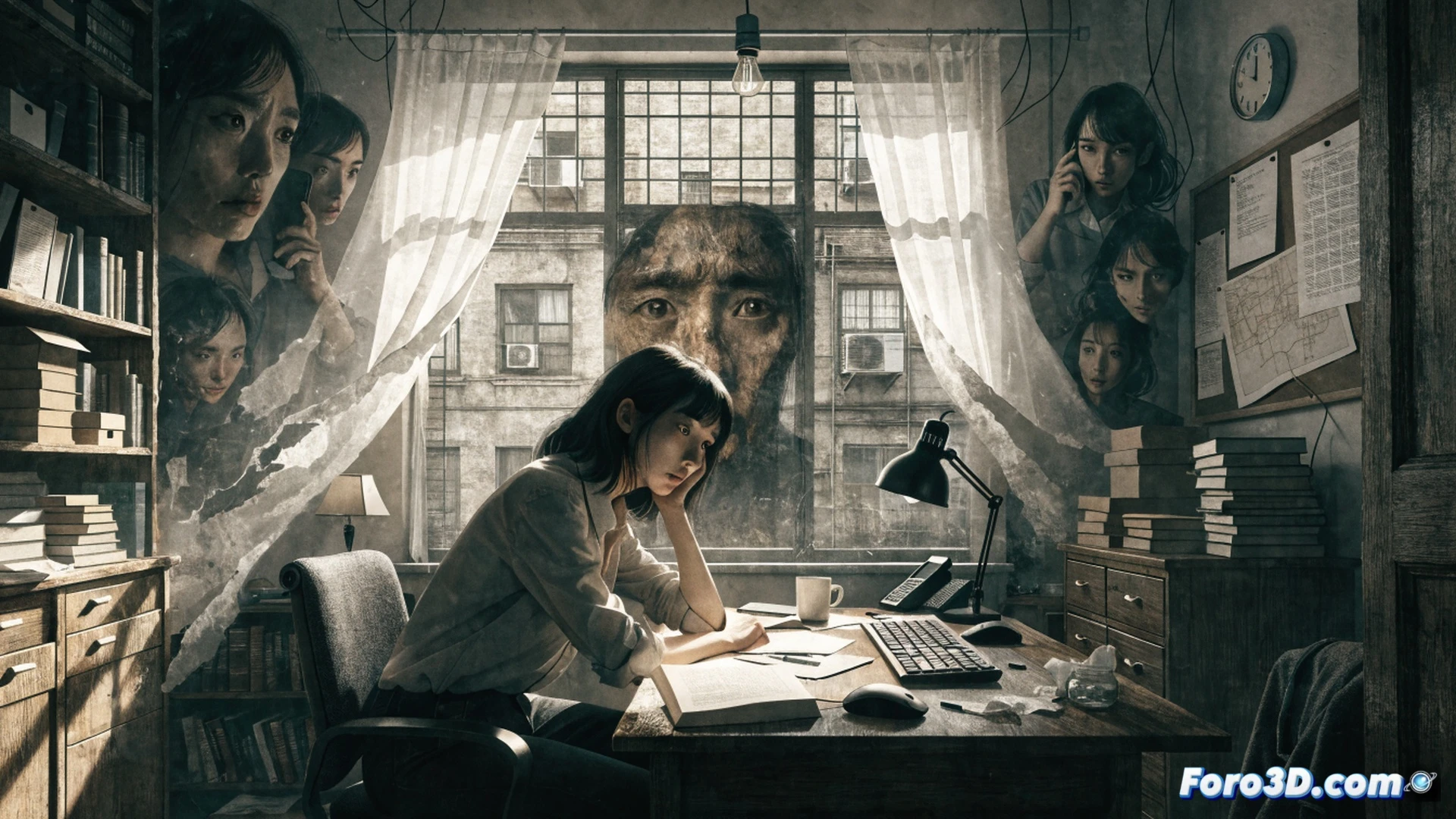 Japanese woman Junko trapped in a messy apartment living room, hallucinating shadowy figures emerging from distorted wall reflections, vintage TV static flickering on a broken monitor, tangled cables and scattered game discs on a cluttered desk, PS5 controller resting on a stained sofa, paranoid expression while clutching a kitchen knife, cracked smartphone screen showing threatening messages, eerie red emergency exit light casting long shadows, cinematic horror visualization, photorealistic render, volumetric fog, chromatic aberration, gritty textures, hyper-detailed interior decay, dramatic low-angle lighting, psychological tension atmosphere