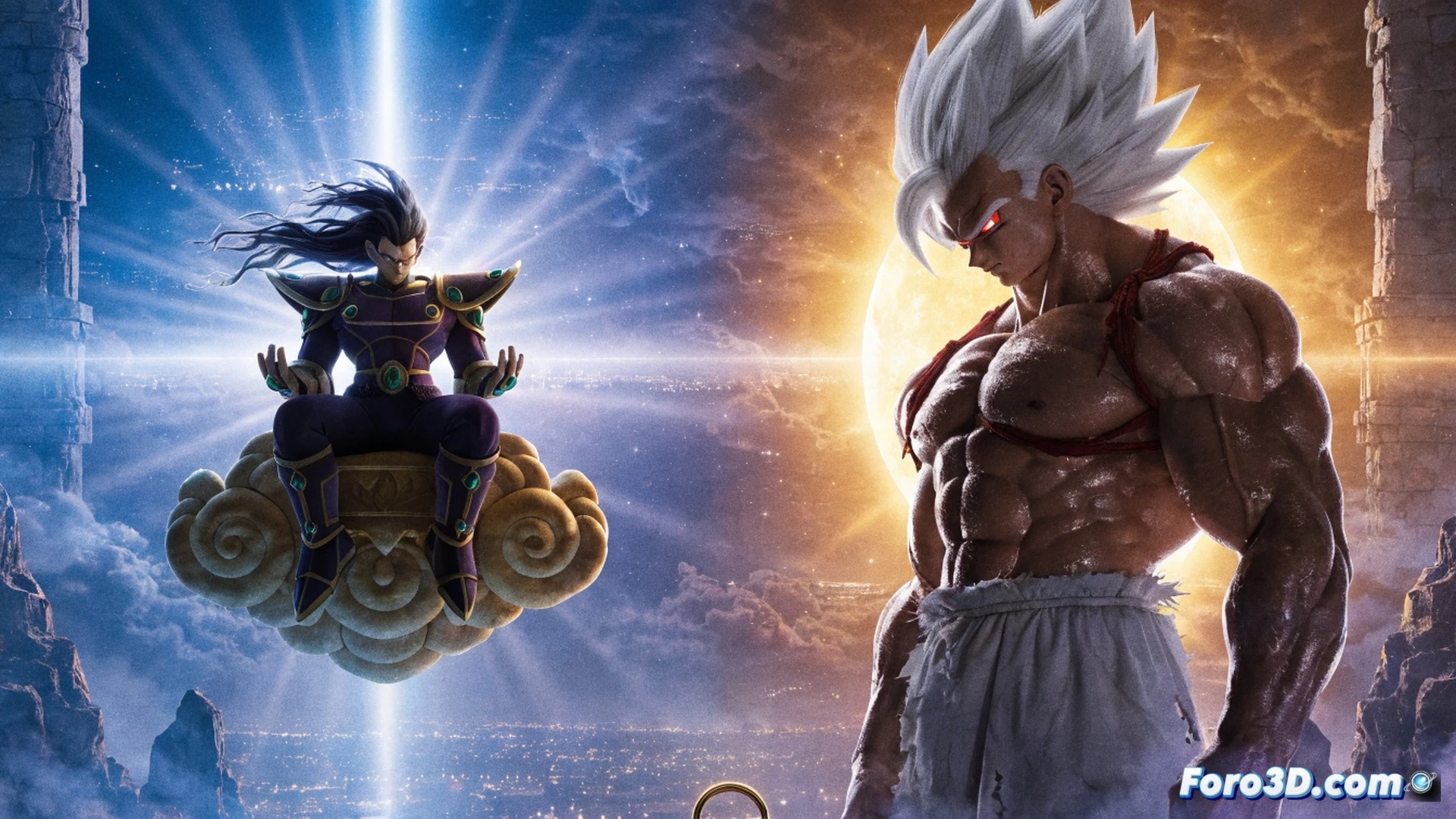 Broly emerging from a shattered planet core, green aura erupting while Beerus throne floats empty in background, broken chains of past life floating in space, Ultra Ego energy streams wrapping around his arms, cosmic destruction energy gathering in his palm, no family attachments visible, cinematic divine ascension scene, photorealistic celestial lighting, debris field of destroyed worlds, purple and gold god ki mixing with Broly green aura, dramatic volumetric god rays, ultra-detailed muscle fiber tension, empty throne symbolizing duty over emotion, technical illustration style with energy particle physics