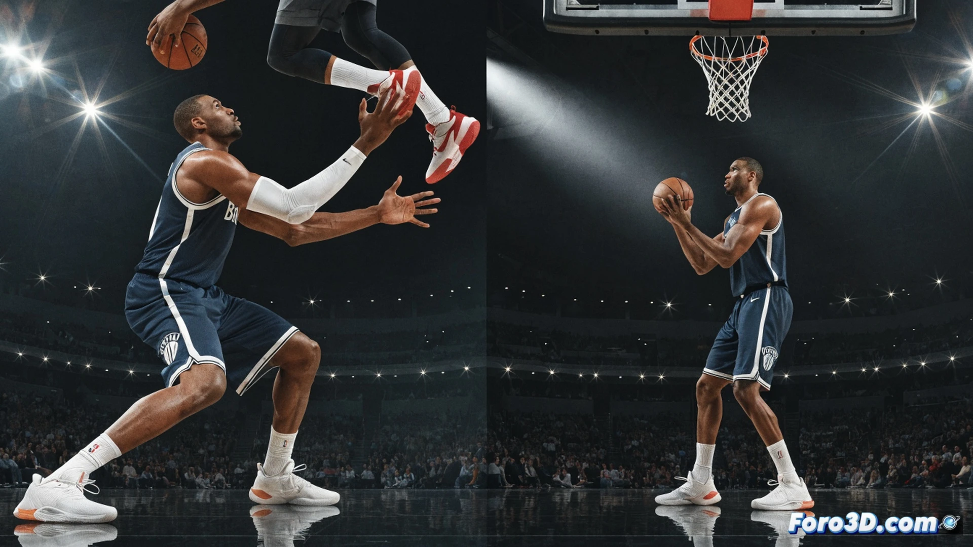 NBA center Brook Lopez mid-shot release form, three-point arc trajectory from high post, defensive anchor stance transitioning into perimeter contest, basketball leaving fingertips with backspin visible, biomechanical motion lines tracing shoulder rotation and knee bend, photorealistic technical illustration, arena floodlights casting sharp shadows on hardwood court, jersey number 11 visible through motion blur, ultra-detailed muscle tension in arms during follow-through, cinematic sports science visualization, defensive footwork diagram overlay showing lateral slide to three-point line, realistic sweat droplets frozen in mid-air, engineering-style breakdown of shooting mechanics with joint angle markers, dramatic low-angle perspective emphasizing seven-foot wingspan