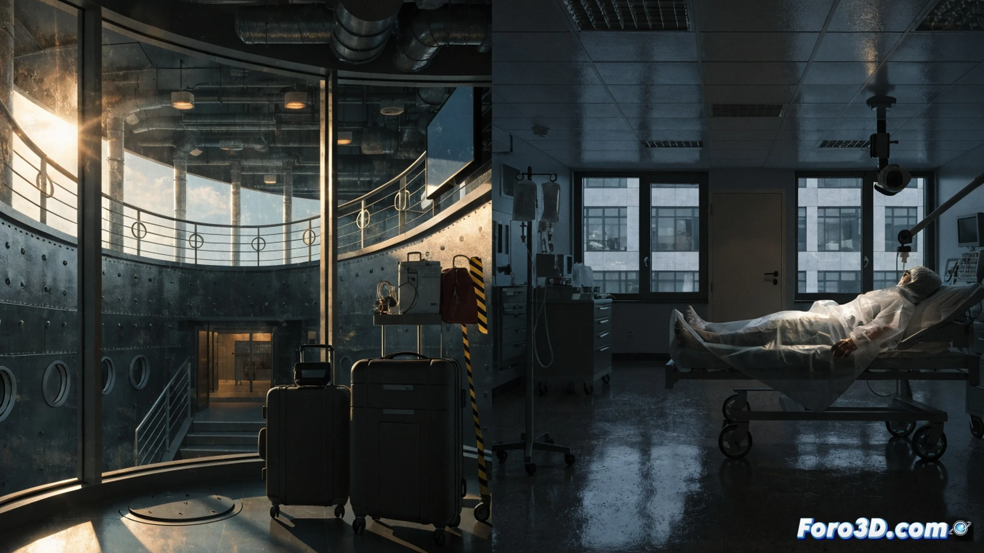 cruise ship medical isolation ward, hospital bed with empty patient monitoring equipment, zero patients visible, medical staff disinfecting surfaces with UV light devices and sprayers, closed laptop showing negative test results, empty IV stands and unused respirators, calm controlled atmosphere, technical illustration style, clean white and blue medical tones, soft ambient lighting, sterile environment, photorealistic medical facility render