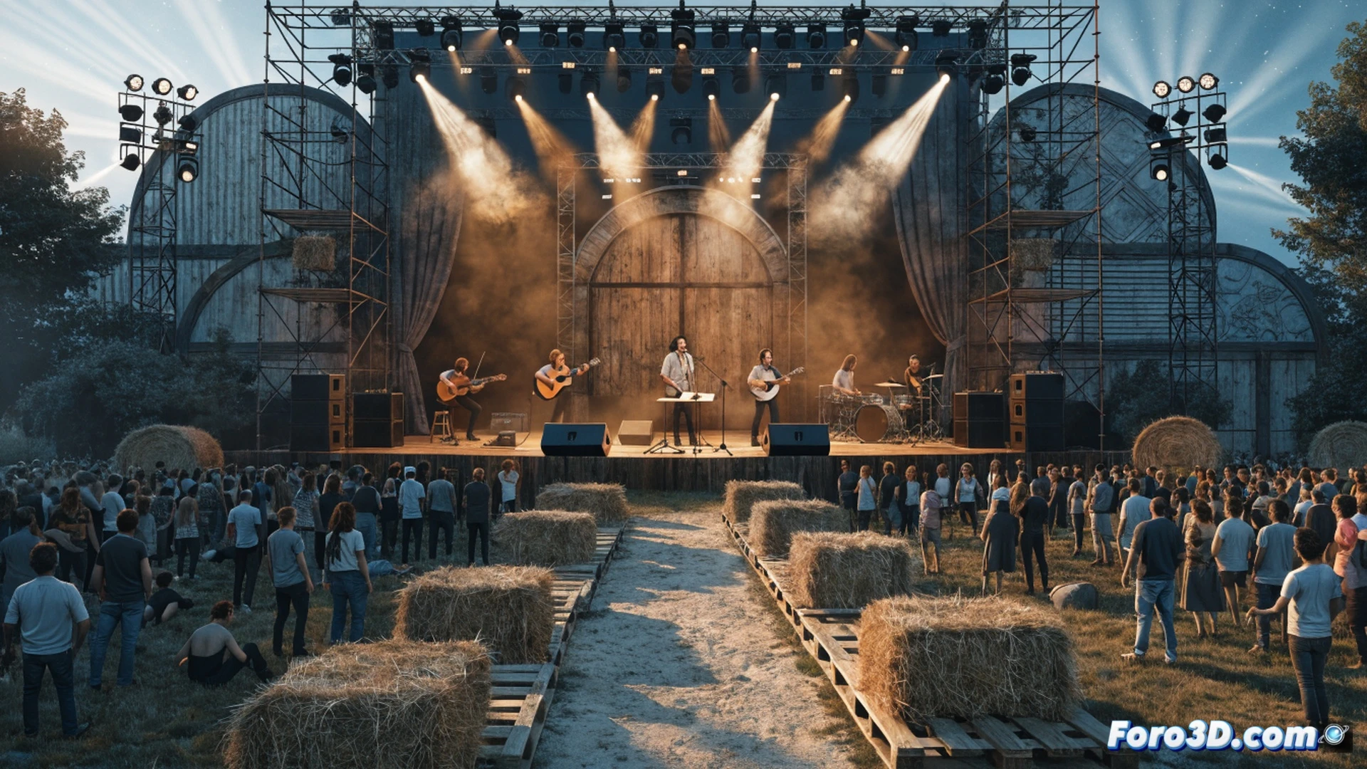 Brown Horse band performing live on stage at outdoor country festival, sunset lighting, guitarist strumming acoustic guitar while singer leans into microphone, pedal steel player in background, Americana folk concert atmosphere, crowd of festival attendees visible with hands raised, stage lit with warm amber and blue spotlights, festival banner with country theme, wooden stage floor, monitor speakers and amplifier stacks, guitar cables trailing across stage, cinematic photorealistic style, dynamic concert photography aesthetic, shallow depth of field, dramatic haze from fog machine