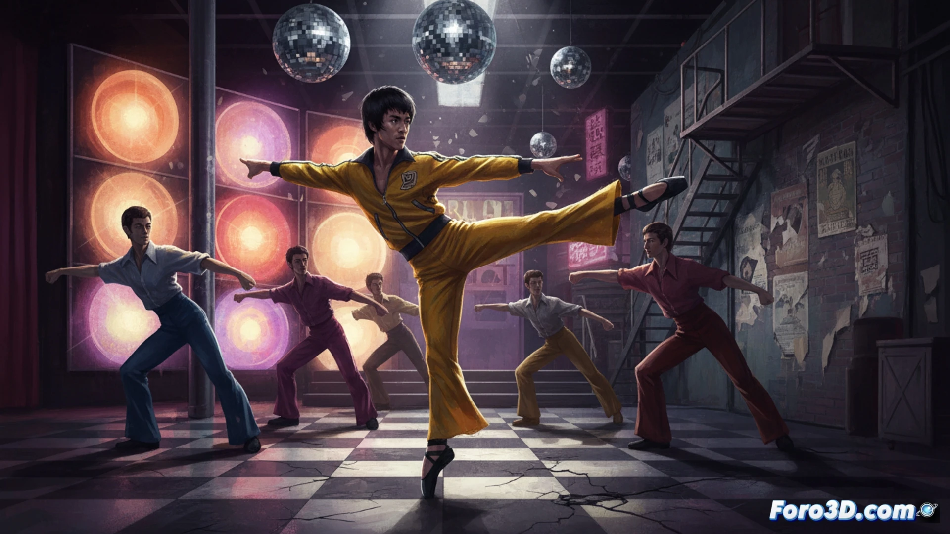 Bruce Lee doppelganger bailarín en punta sobre charco reflectante, callejón húmedo de Hong Kong con neón rojo y amarillo, pierna en alto mientras mano derecha ejecuta golpe de kung fu, tutú de ballet setentero con mechas al viento, escenario dual con discoteca de espejos al fondo, bailarines secundarios en pose de combate-danza sincronizada, luces de escenario tipo spot cinematográfico, texturas de asfalto mojado y telón de terciopelo, photorealistic cinematic render, acción congelada en salto, vapor saliendo de rejillas, dramatismo nocturno, ultra-detallado.