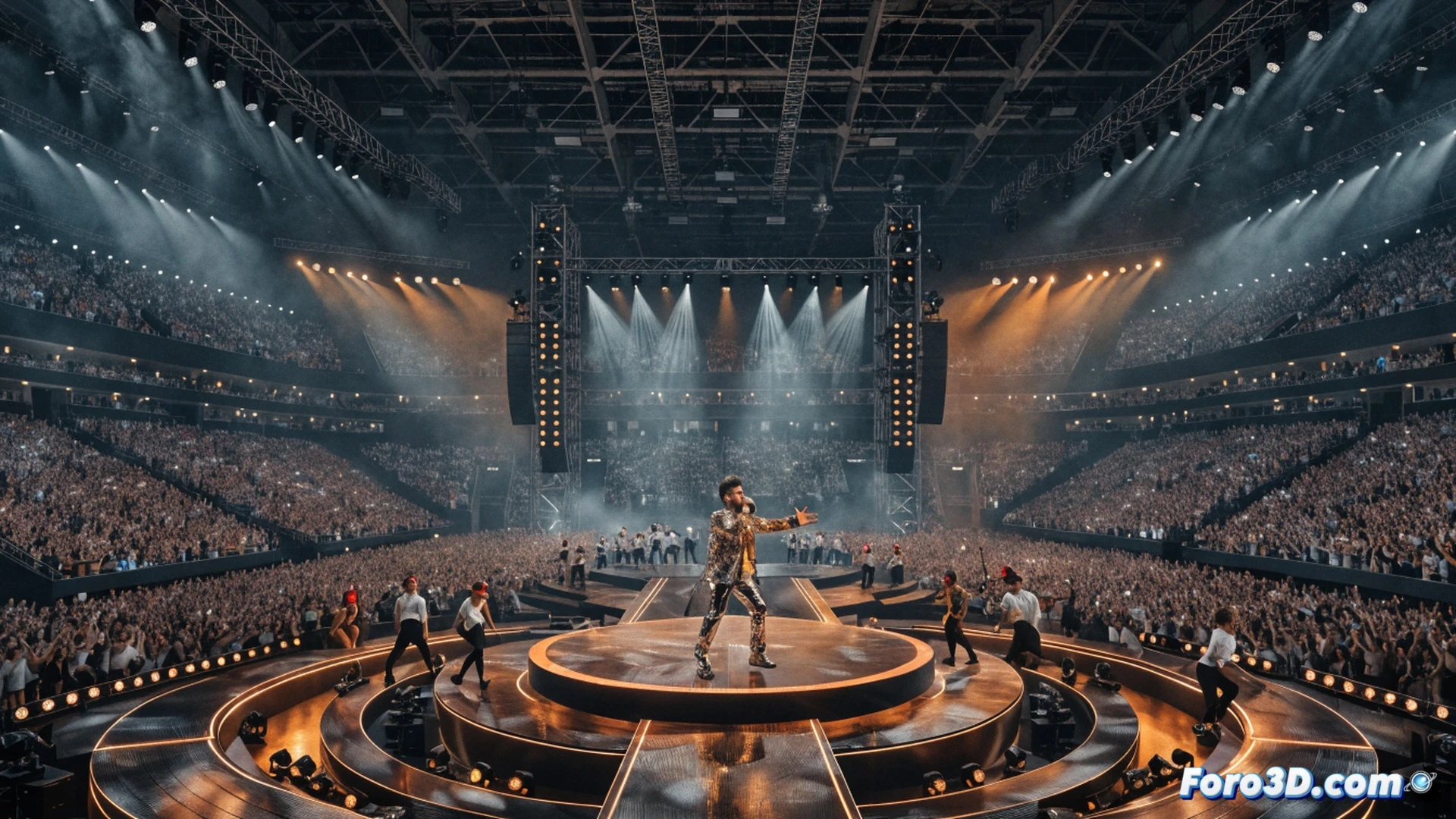 Bruno Mars on stage at a massive Paris arena, raising his arm while a digital ticket sales counter on a holographic screen shows 2.1 million tickets sold, glowing blue light trails from the screen toward a crowd of silhouetted fans holding smartphones, backstage technicians adjusting audio mixing consoles and LED rigs, luxury VIP section with velvet ropes and gold barriers, photorealistic cinematic concert photography, dramatic spotlight beams cutting through haze, ultra-detailed stage equipment and sound system, high-contrast lighting with deep shadows and warm amber tones, capturing the moment of breaking a record in real-time