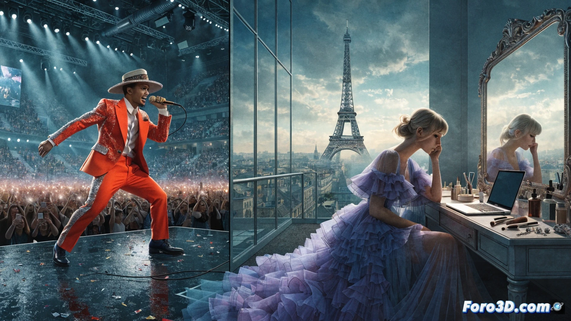 A massive concert stage at Stade de France, glowing LED bracelets raised by a sea of 80,000 fans during a live performance, a digital ticket counter hologram floating above the crowd showing 2.1 million sold, a golden record shattering into pieces next to a Taylor Swift silhouette fading in the background, stagehands adjusting robotic lighting rigs and sound mixing consoles, pyrotechnic sparks raining down, cinematic photorealistic visualization, dramatic blue and gold stage lighting, ultra-detailed audience motion blur, high-end live production engineering aesthetic