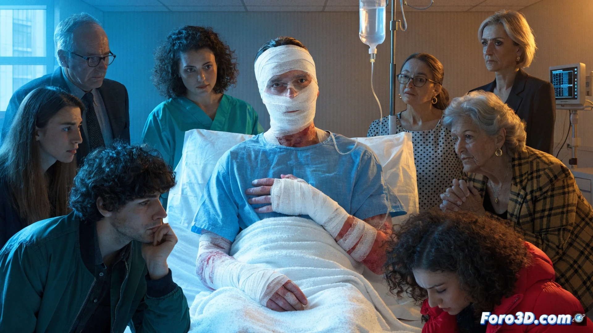 hospital room scene with medical burn treatment equipment, IV drips and monitors surrounding a patient bed, bandaged hands reaching toward a glowing digital donation interface on a tablet screen, medical staff adjusting sterile dressings while family members gather near the window, photorealistic cinematic lighting, soft blue hospital tones contrasting with warm amber light from the tablet, sterile white walls with medical charts in background, emotional moment of solidarity and care, detailed skin textures on bandages, reflective surfaces on medical devices, ultra-realistic hospital atmosphere