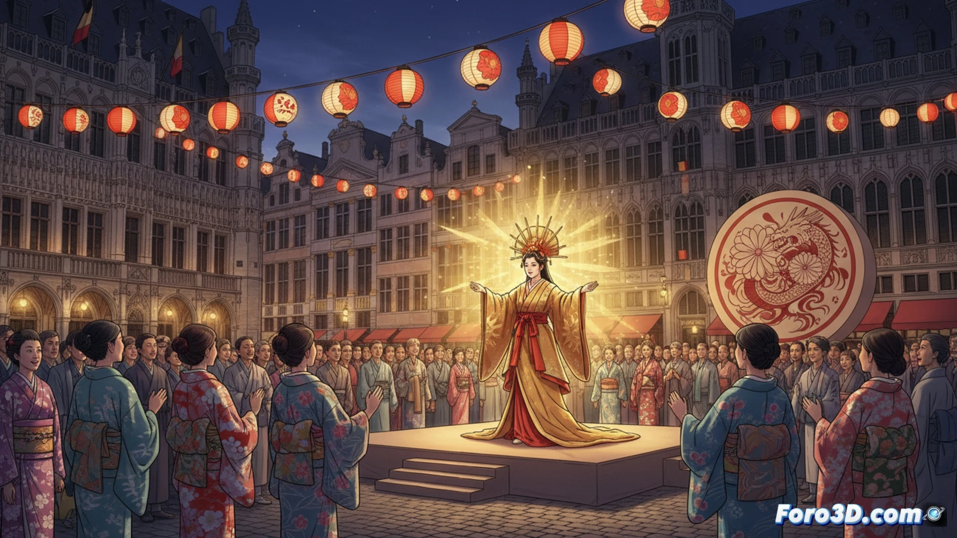 Bruselas Grand Place atardecer, escenario de madera lacada con actriz vestida con kimono ceremonial blanco y rojo de mangas anchas, danzando la leyenda de Amaterasu, manos abiertas hacia el cielo mientras un proyector digital ilumina su rostro con patrones de soles nacientes, kimonos de seda bordados con crisantemos y dragones colgados en soportes técnicos metálicos, asistentes japoneses y belgas sentados en sillas plegables mirando con admiración, pantalla LED trasera mostrando el logo Be-Japon, cables de iluminación visibles en el suelo de adoquines, estilo cinematográfico fotorrealista, iluminación cálida de tungsteno mezclada con neón azul, enfoque nítido en el movimiento del kimono, profundidad de campo con banderas belgas y japonesas ondeando al fondo, atmosfera festiva de intercambio cultural.