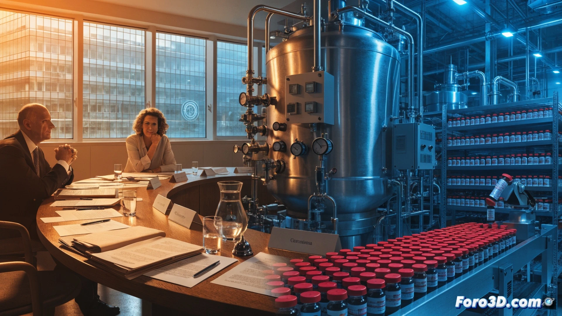 pharmaceutical factory interior, Sanofi vaccine vial Efluelda being held by a robotic arm under EU regulatory inspection, glowing holographic price graphs showing high costs, smaller competitor vaccine vials pushed to the background, dramatic spotlight on the dominant vial, blue sterile lighting, metallic conveyor belt, technical illustration style, sharp focus on vaccine packaging and digital antitrust documents floating above, photorealistic engineering visualization
