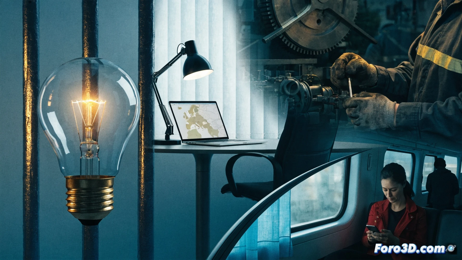 European Union legislative documents glowing with holographic EU stars floating above a Spanish family kitchen table, a light bulb emitting euro coins next to a smartphone showing a German job offer, road construction blueprints unfurling beside an electricity bill, photorealistic cinematic style, warm interior lighting contrasting with cool blue holograms, detailed paper textures and digital interfaces, hands of a person pointing at the documents while holding a coffee cup, showing direct impact of Brussels regulations on daily household objects and employment mobility, ultra-detailed technical illustration