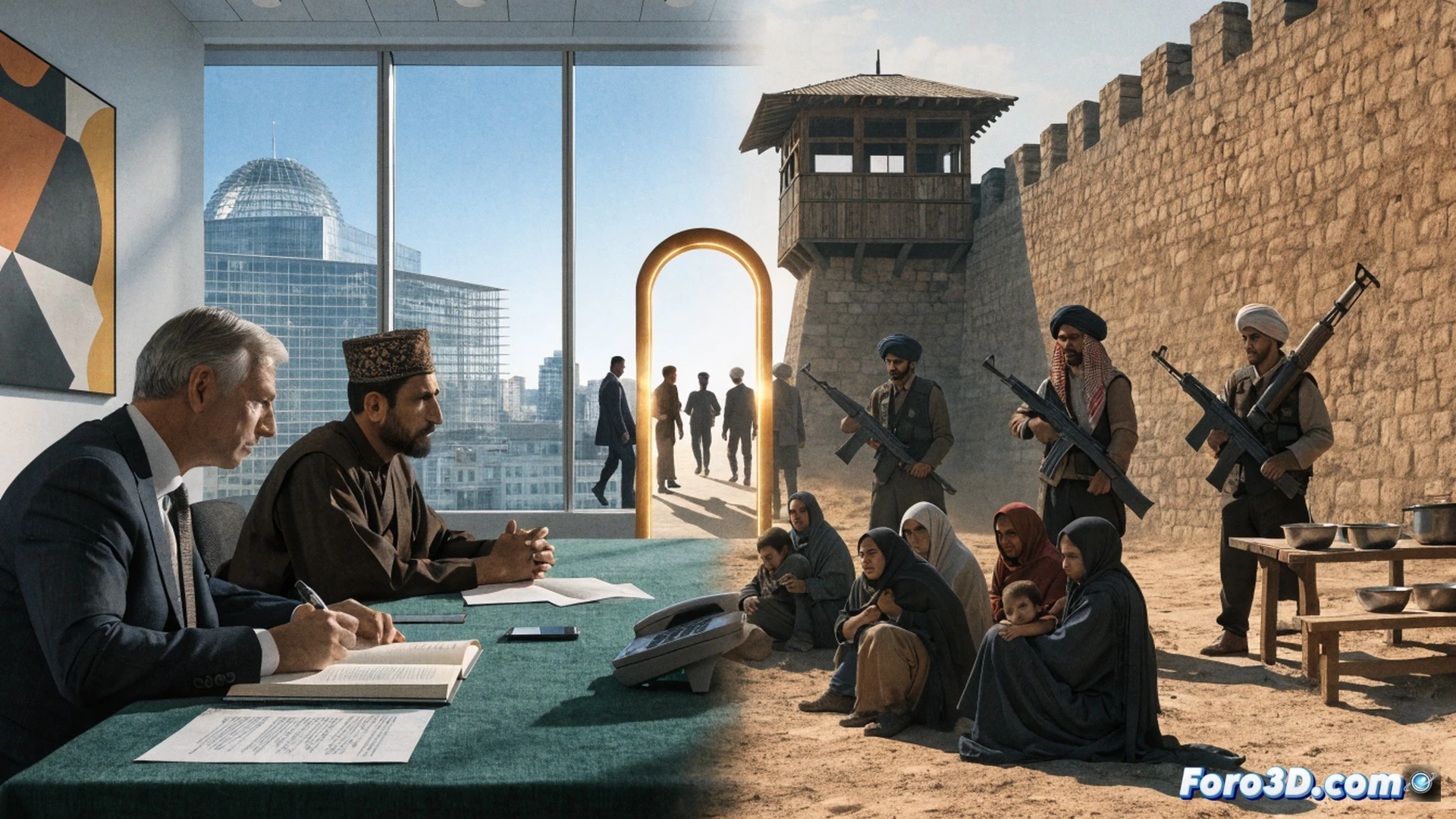 aerial view of a European Union border control office, a male migrant in handcuffs being escorted by two uniformed officers toward a waiting van, a laptop on a desk displaying a digital map with deportation routes to Afghanistan, a Taliban flag icon on the screen, documents with biometric data scattered on the table, cold fluorescent overhead lighting, shadows on concrete floor, photorealistic cinematic style, high contrast, gritty security atmosphere, no visible text or numbers