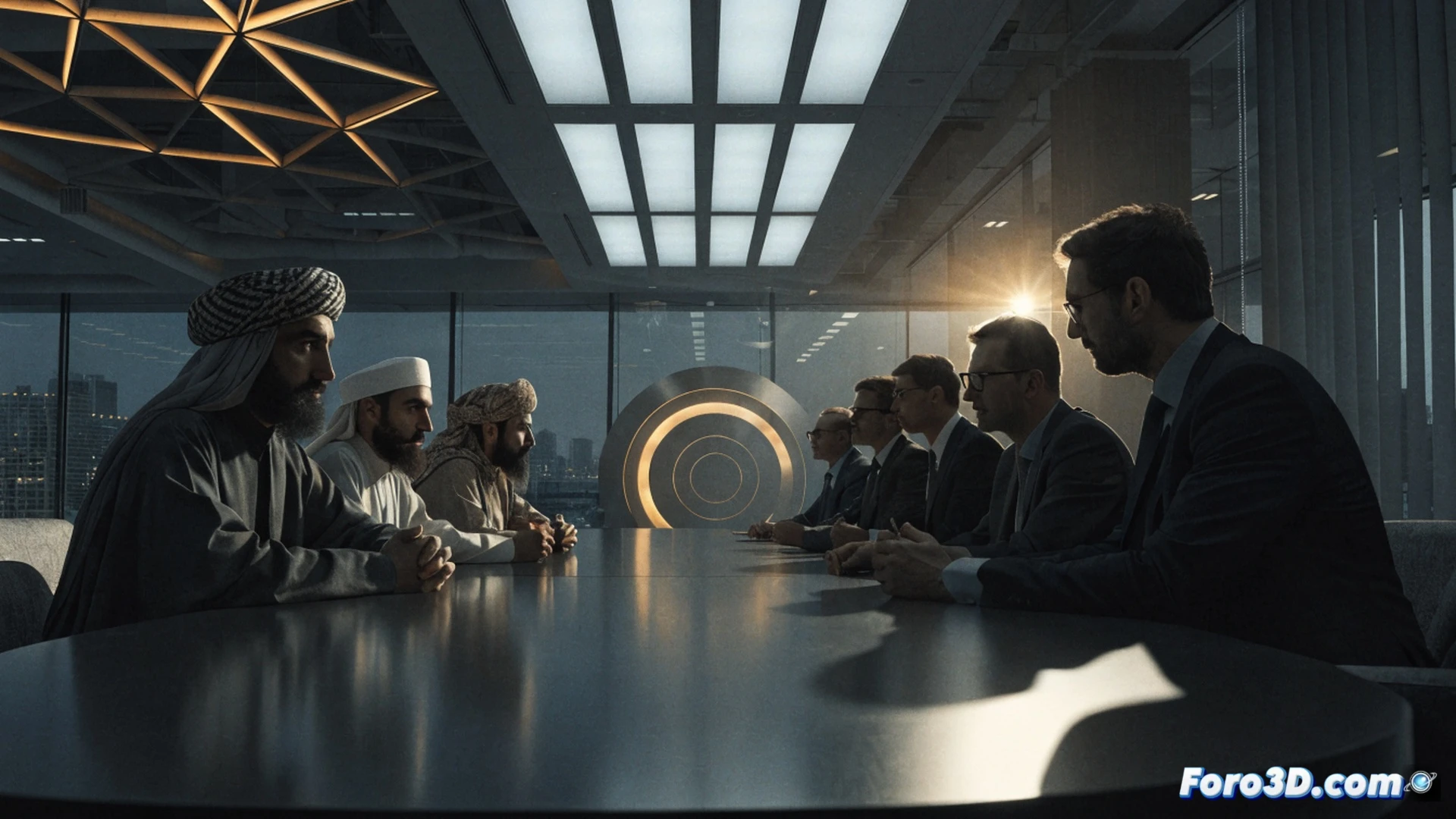 high-level diplomatic meeting room, European Union officials and Taliban delegates seated across a polished table, a passport and visa document being examined under a desk lamp, a map of migration routes projected on a screen behind them, security personnel standing near a reinforced door, tense handshake gesture during negotiations, cinematic photorealistic style, cold blue institutional lighting, reflective table surface showing documents, minimalist modern architecture, subtle tension in body language, ultra-detailed textures on suits and paperwork